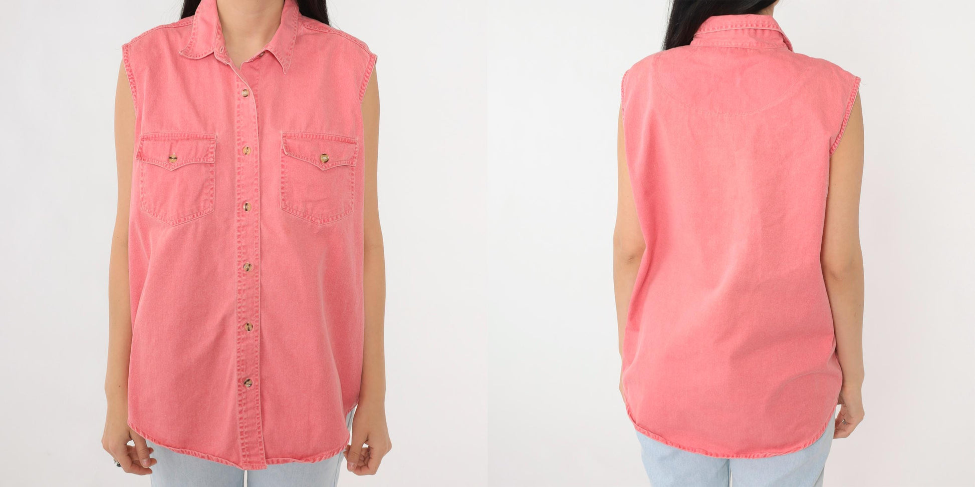 90s Pink Cotton Sleeveless Button-Up Blouse Chest Pockets Large L