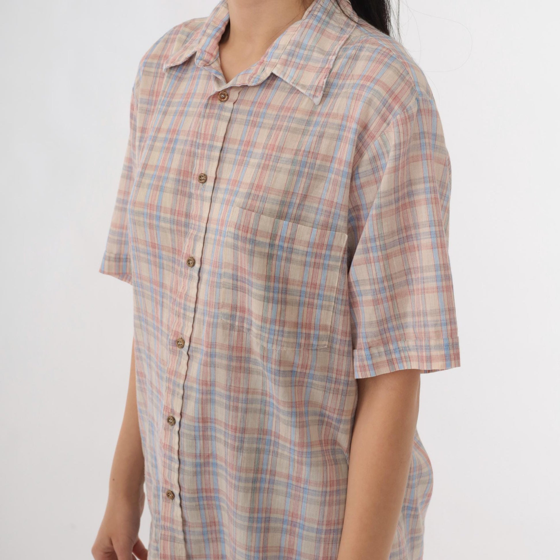 80s Cream Plaid Button-Up Shirt Pink Blue Checkered Short Sleeve Medium