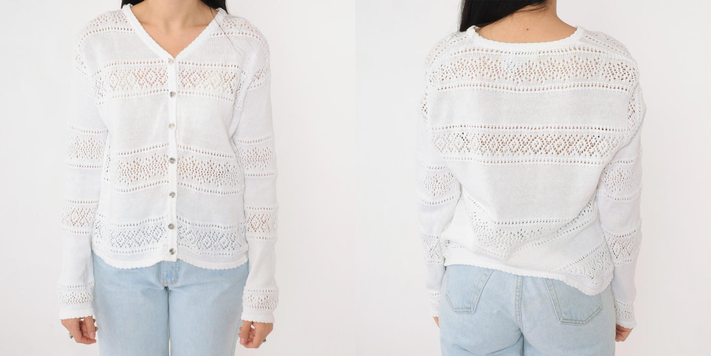 80s White Pointelle Cardigan Sheer Cutout Button-Up V-Neck Medium M