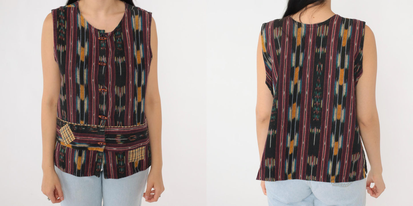90s Ikat Striped Sleeveless Button-Up Shirt Black Multicolor Medium M
