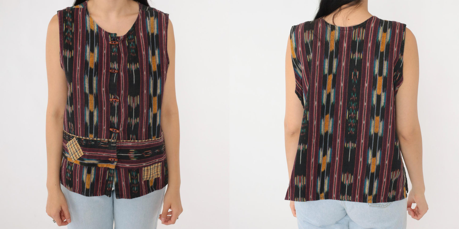 90s Ikat Striped Sleeveless Button-Up Shirt Black Multicolor Medium M
