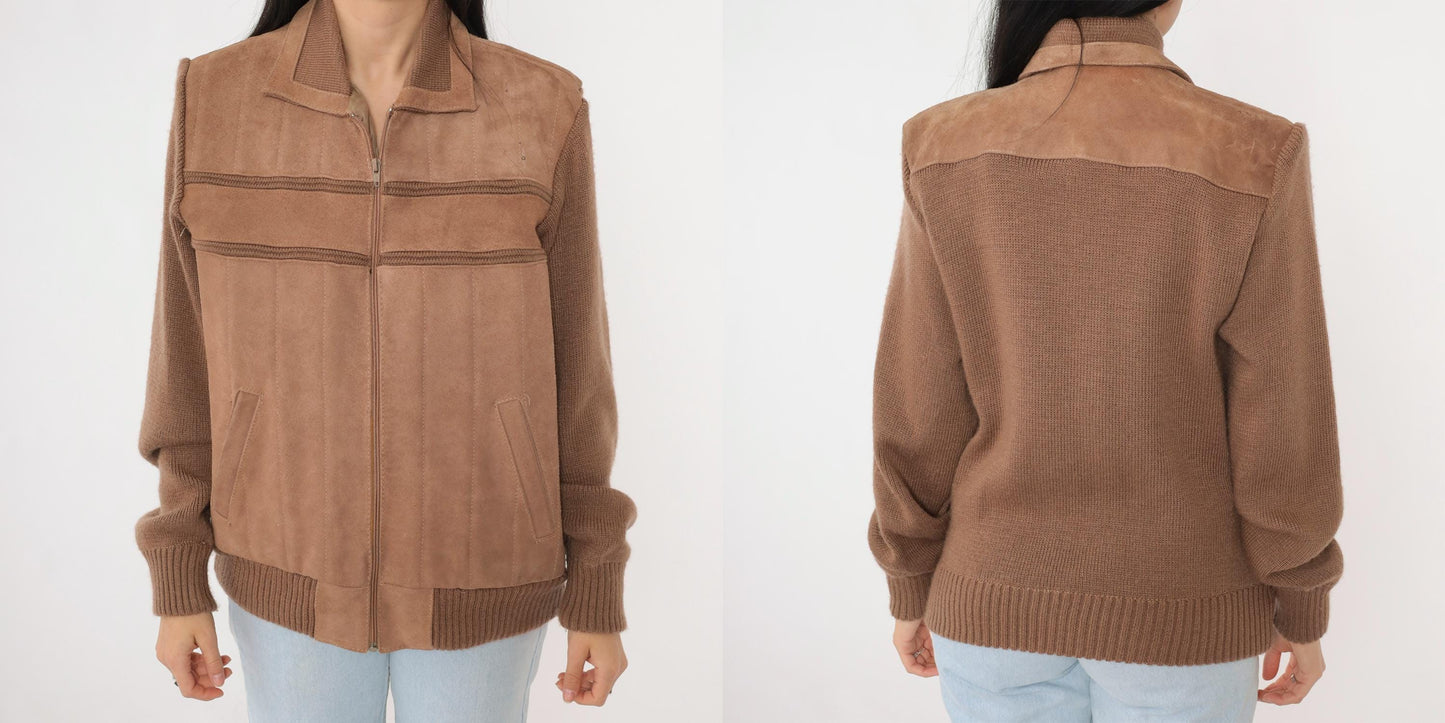 80s Repage Brown Suede Leather Bomber Jacket Striped Knit Medium