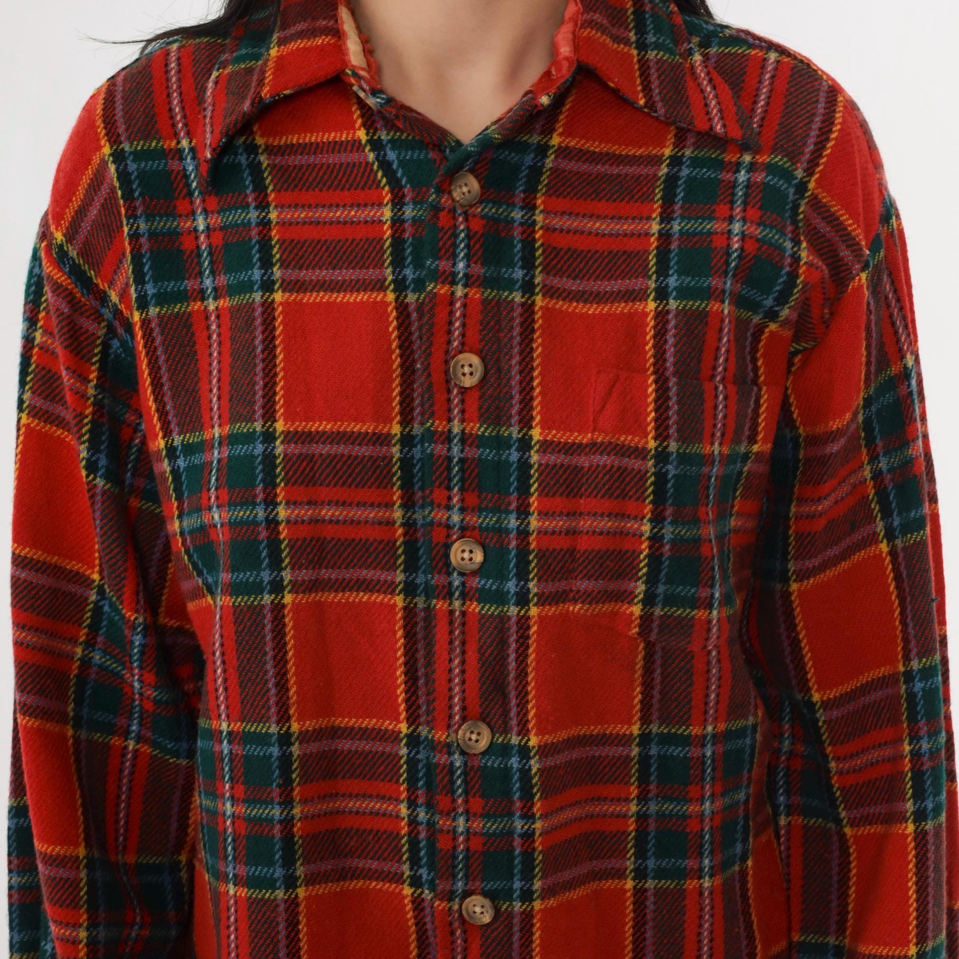 70s Red Plaid Wool Shirt Button Up Long Sleeve Tartan Large