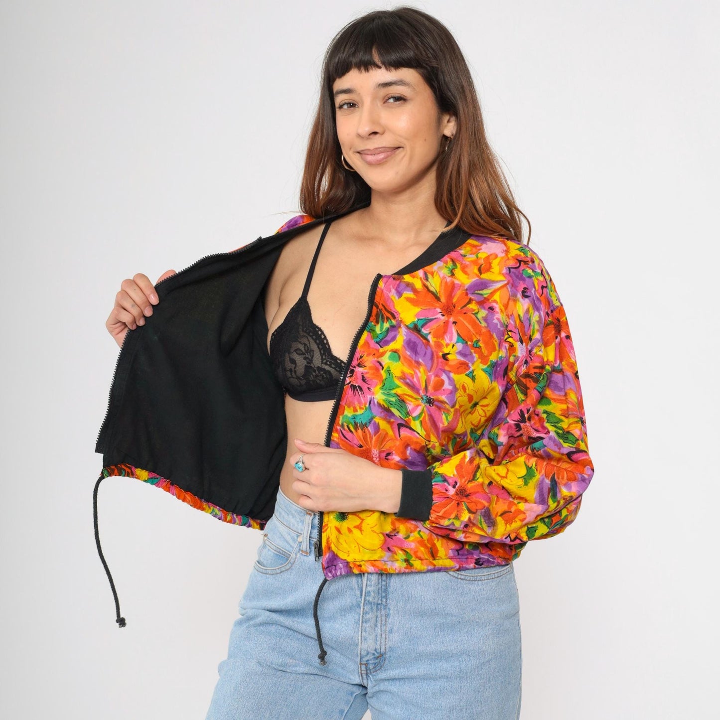 90s Floral Abstract Bomber Jacket Windbreaker Cropped Zip Drawstring Small