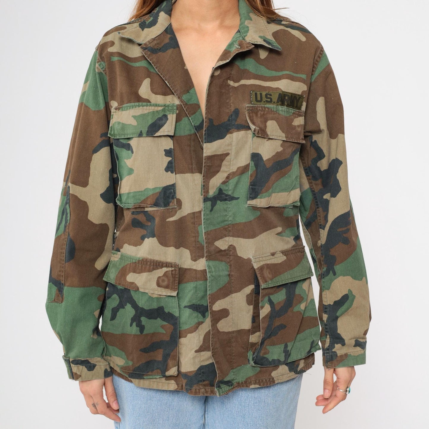 90s US Army Woodland Camouflage Field Jacket Button Up Small Regular