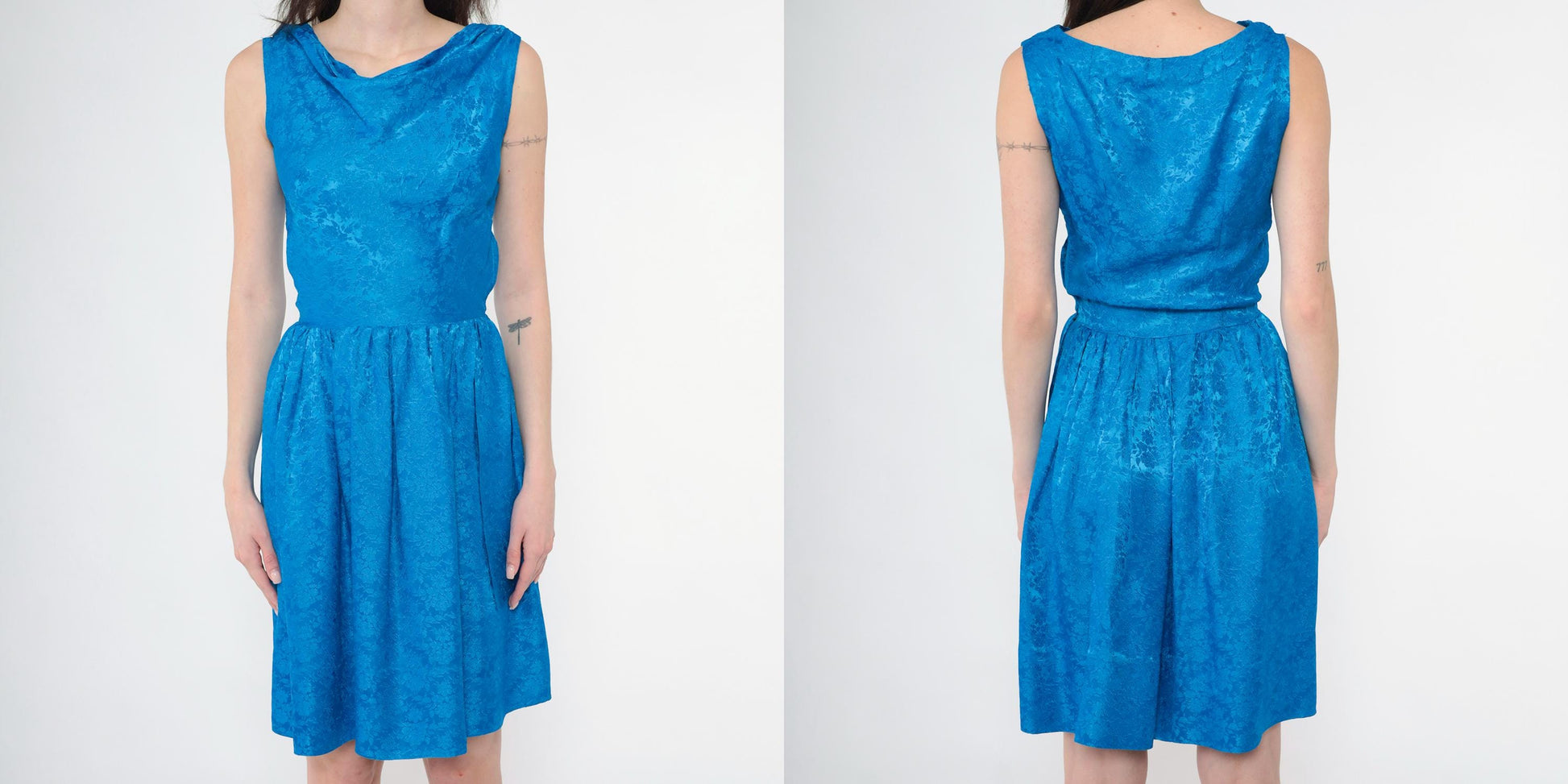 60s Blue Damask Floral Jacquard Cocktail Dress Sleeveless Fit Flare Extra Small