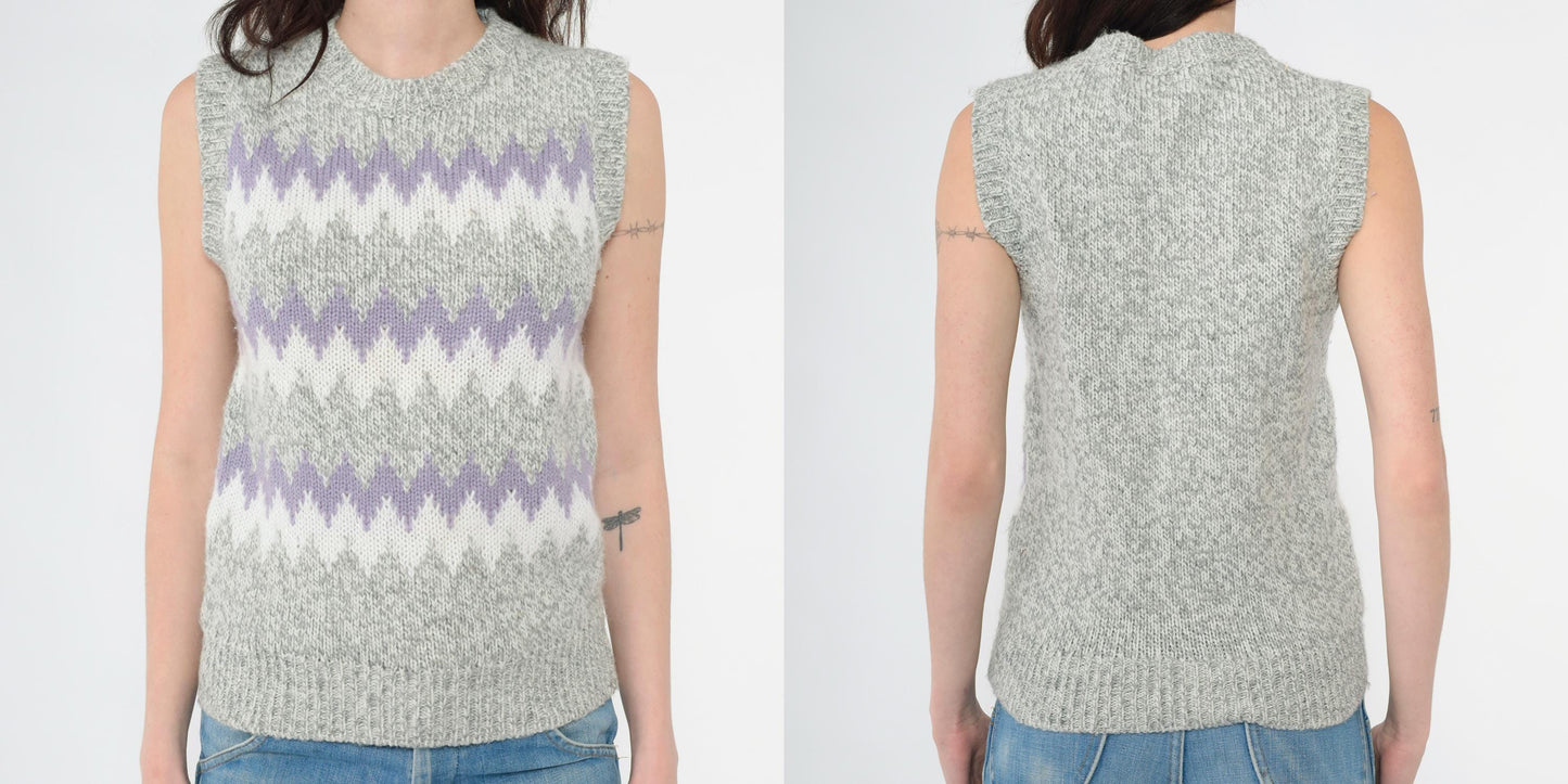 80s Grey Wool Blend Sweater Vest Lavender White Zig Zag Knit Crewneck Extra Small