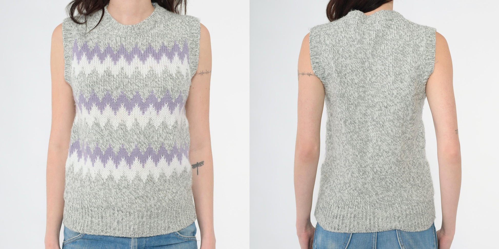 80s Grey Wool Blend Sweater Vest Lavender White Zig Zag Knit Crewneck Extra Small
