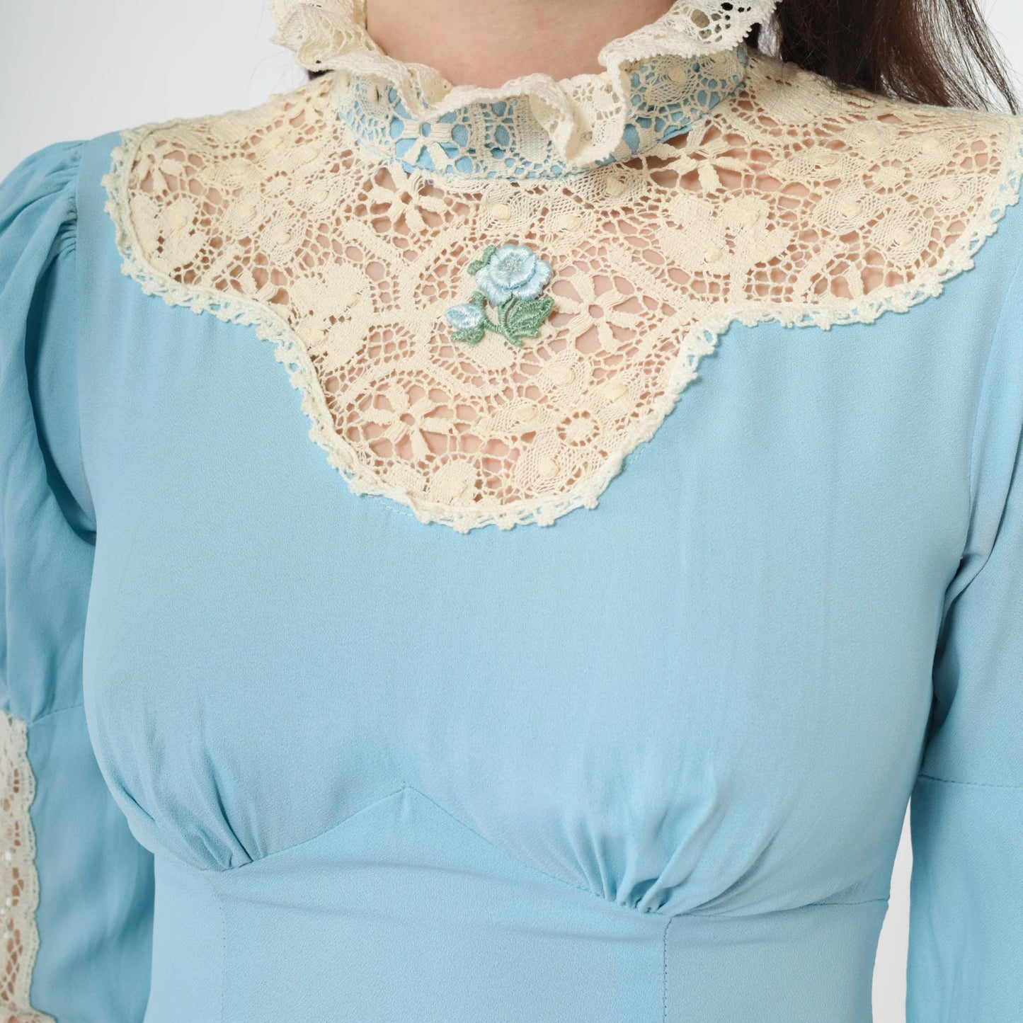 70s Light Blue Maxi Dress Lace Yoke Puff Sleeve High Neck Empire Waist Extra Small