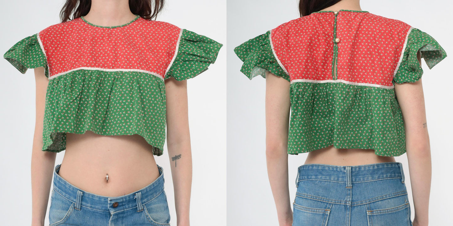 70s Red Green Calico Floral Peasant Blouse Crop Top Flutter Sleeve Small