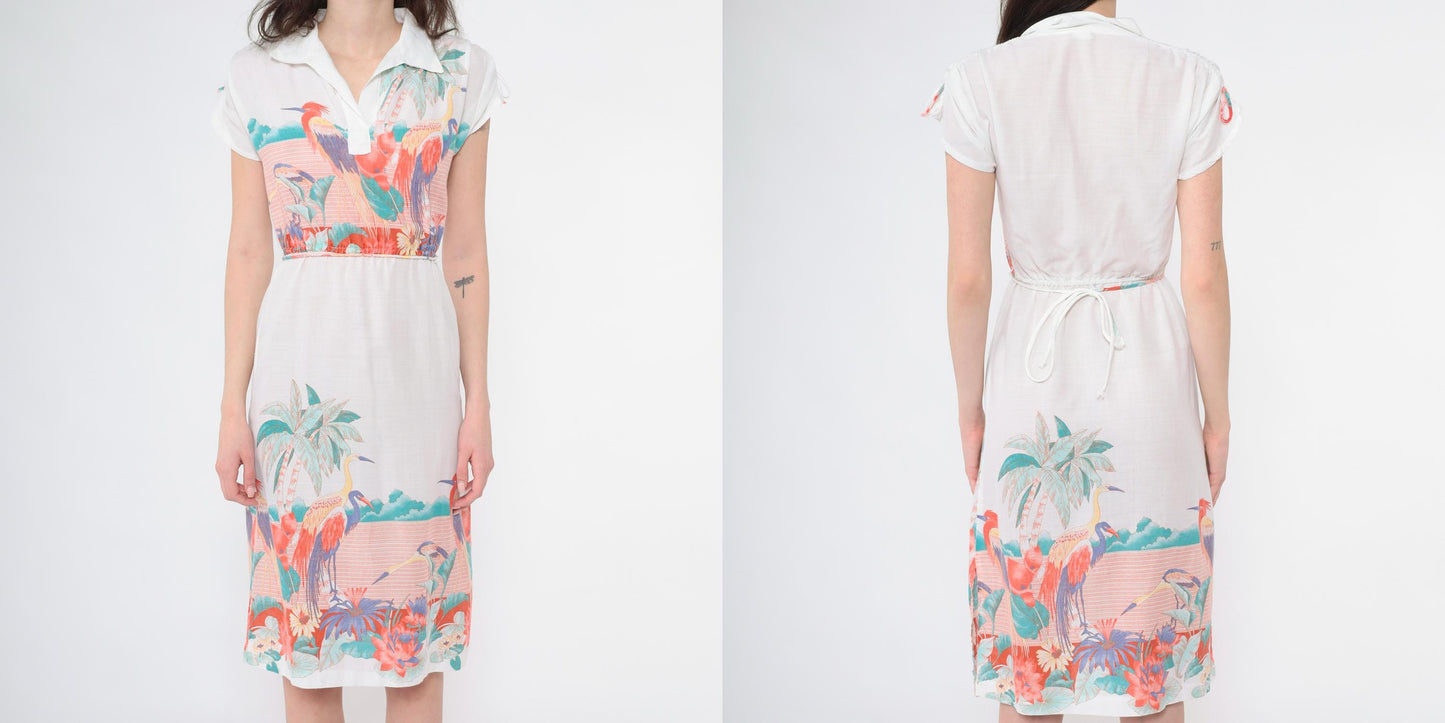 80s Tropical Bird Midi Dress White Crane Print Elastic Waist Polo Collar Extra Small