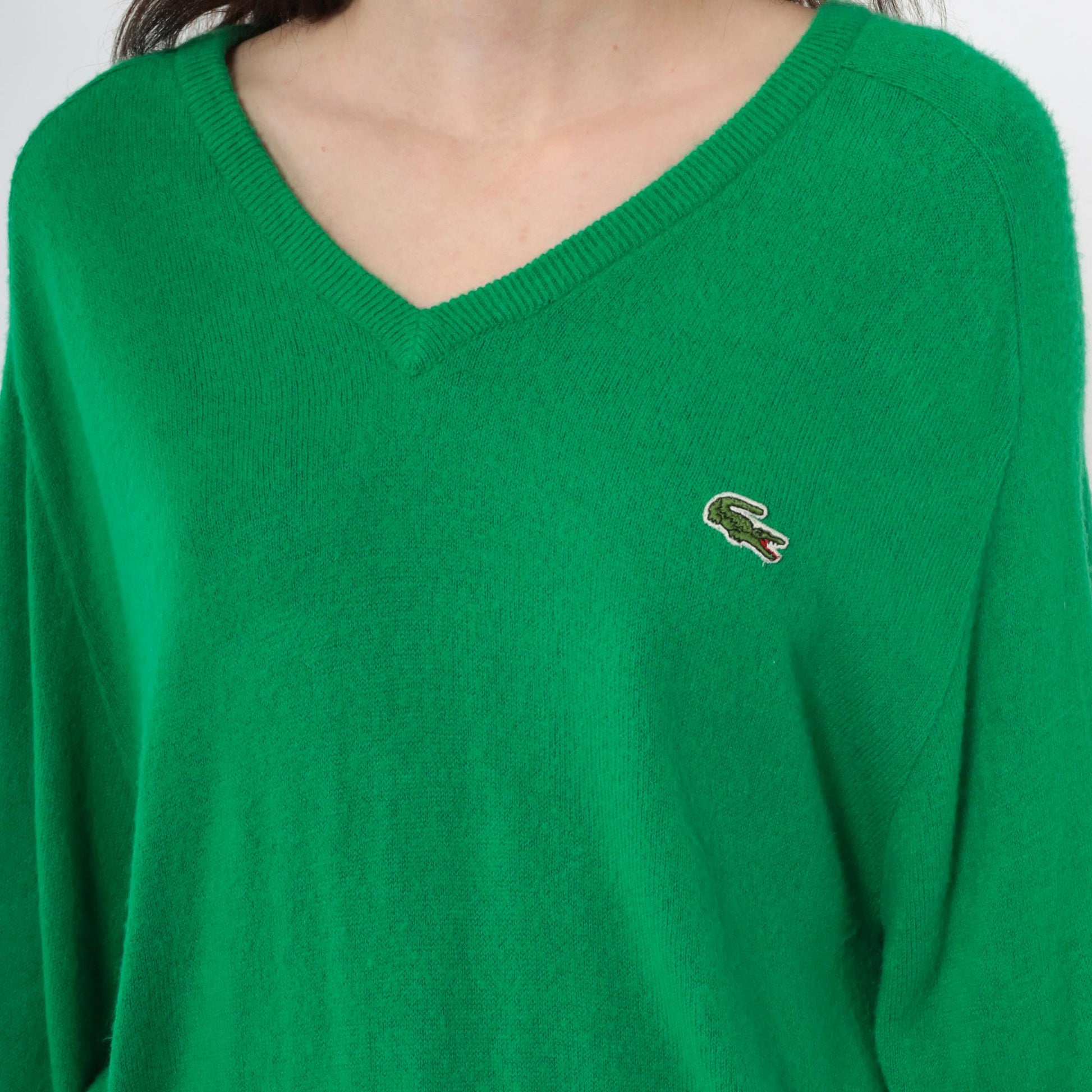 80s Izod Lacoste Green V-Neck Sweater Crocodile Logo Pullover Large L