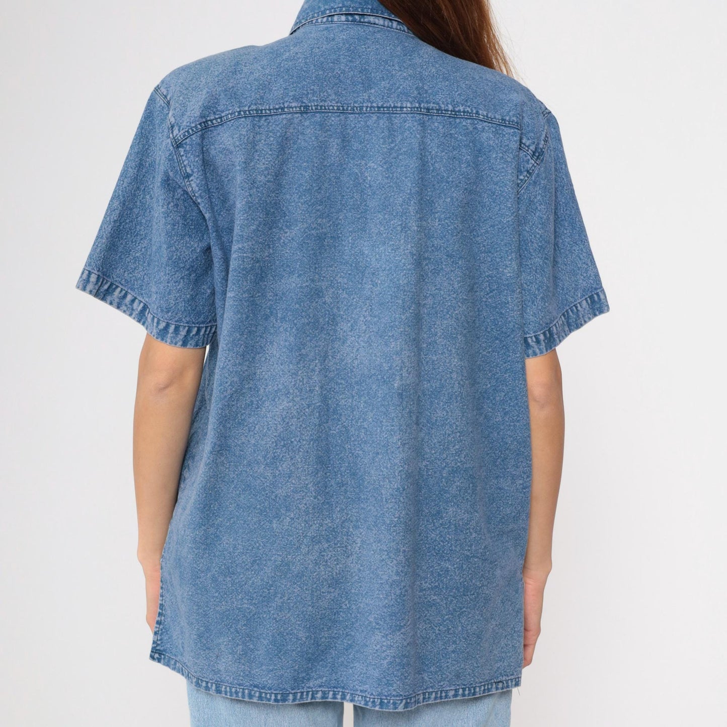 90s Club Z Denim Shirt Metallic Floral Embroidered Beaded Acid Wash Blue Medium M