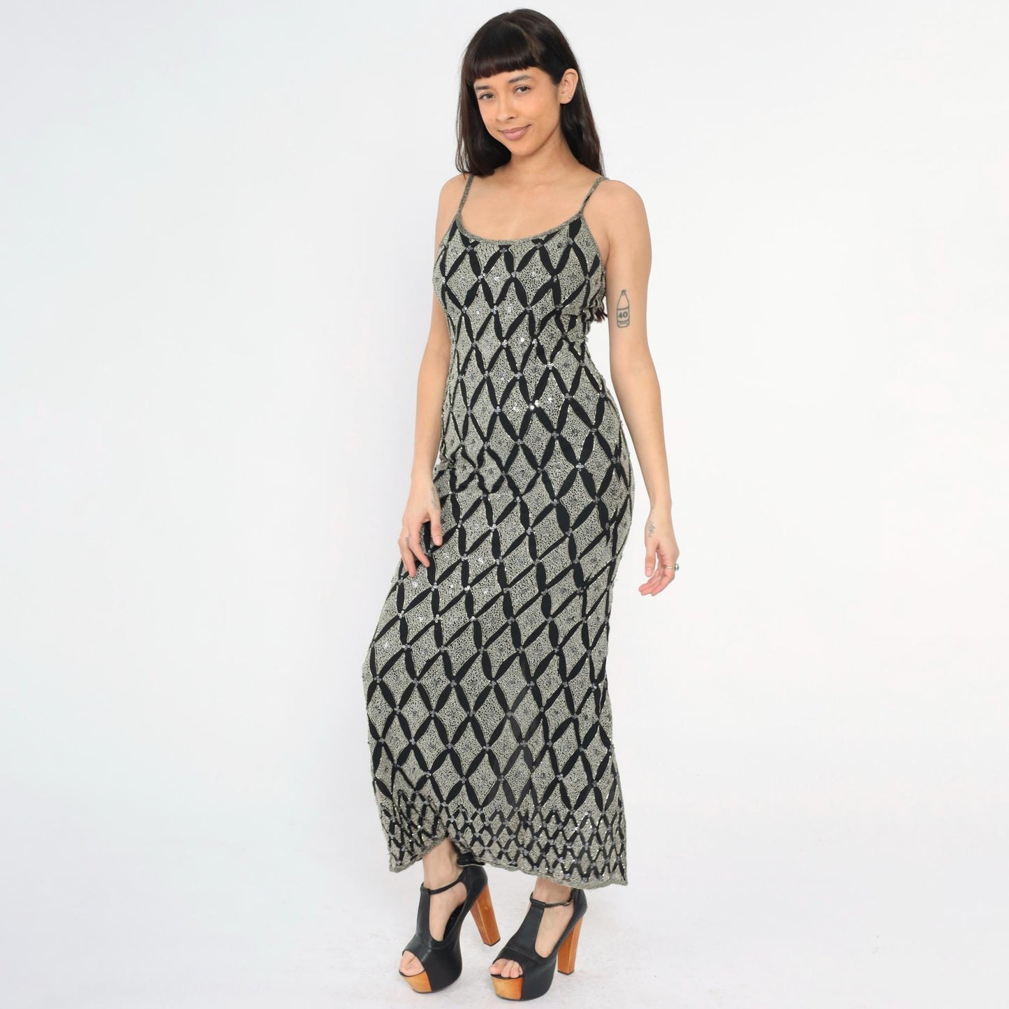 Y2K Adrianna Papell Silk Beaded Maxi Dress Black Silver Sequin Spaghetti Strap Small