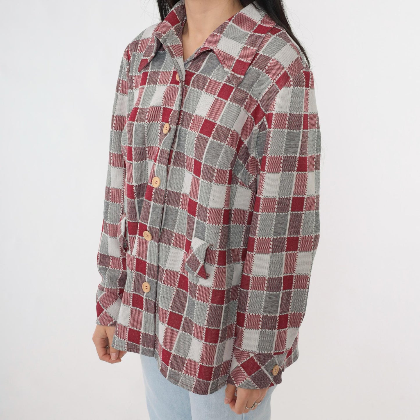 70s Grey Burgundy Plaid Button-Up Shirt Long Sleeve Collared Blouse Extra Large