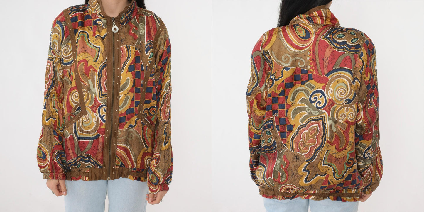 90s Mureli Silk Windbreaker Jacket Abstract Leaf Print Brown Studded Medium M