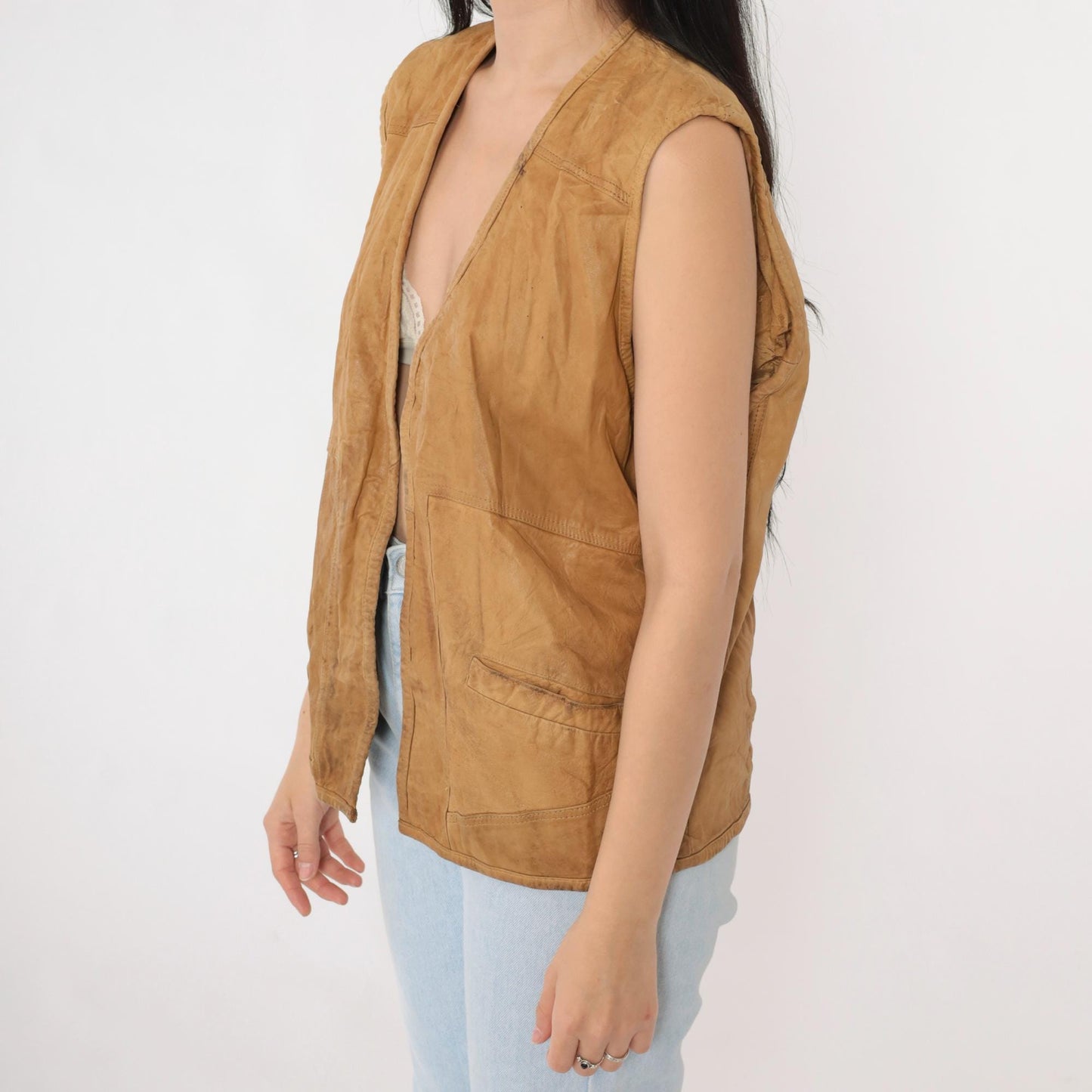 80s Petronio Tan Leather Vest Open Front Utility Large