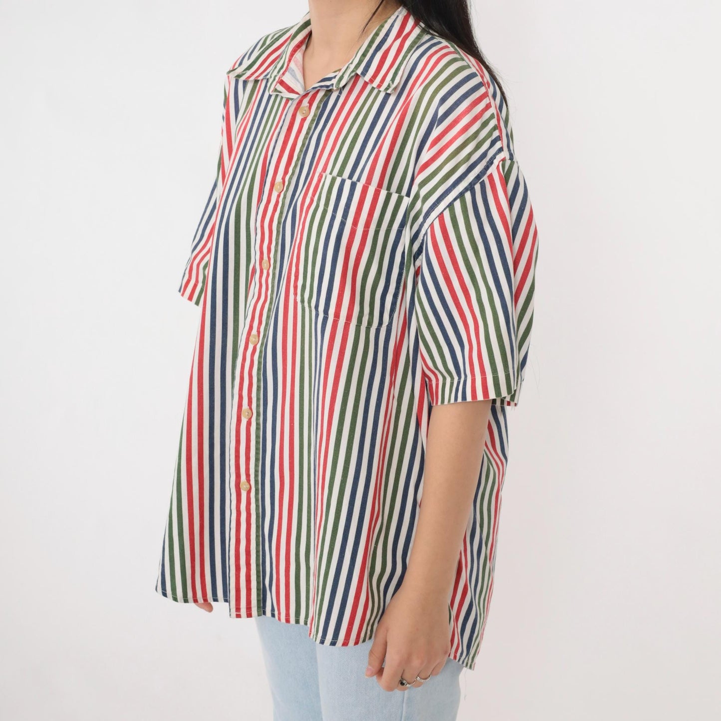 90s Appalachian Trail Striped Cotton Button-Up Shirt Green Blue Red Men's Large