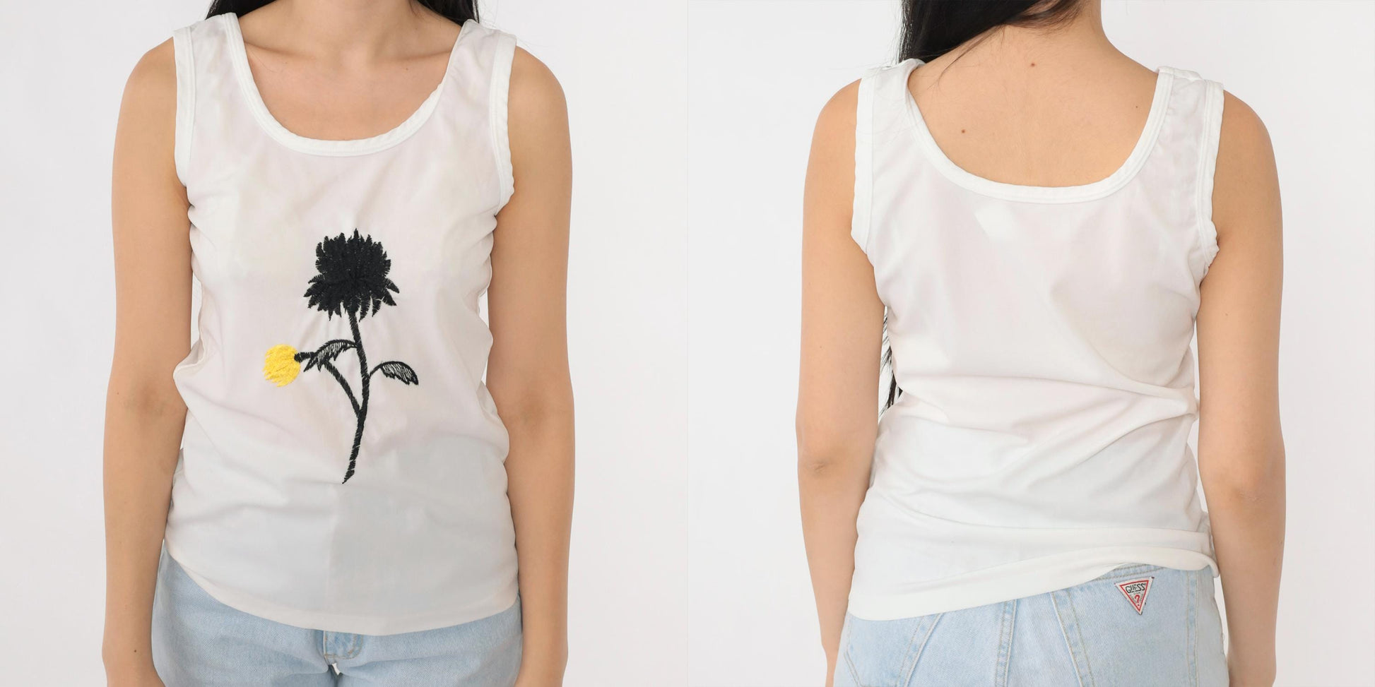 70s White Tank Top Black Yellow Floral Embroidered Rose Scoop Neck Extra Small