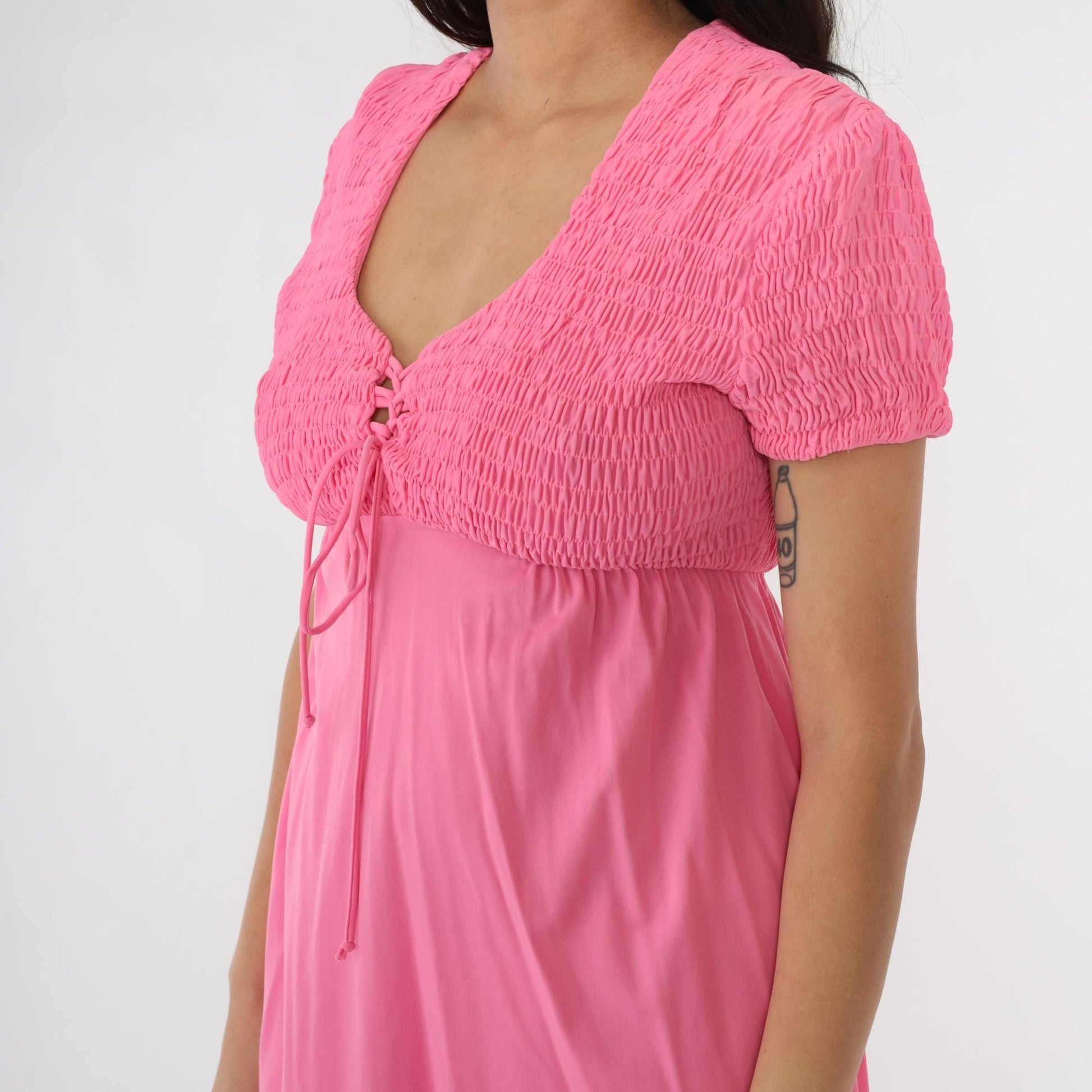 60s Babydoll Dress Bright Pink Smocked Empire Waist Mini Short Sleeve Small