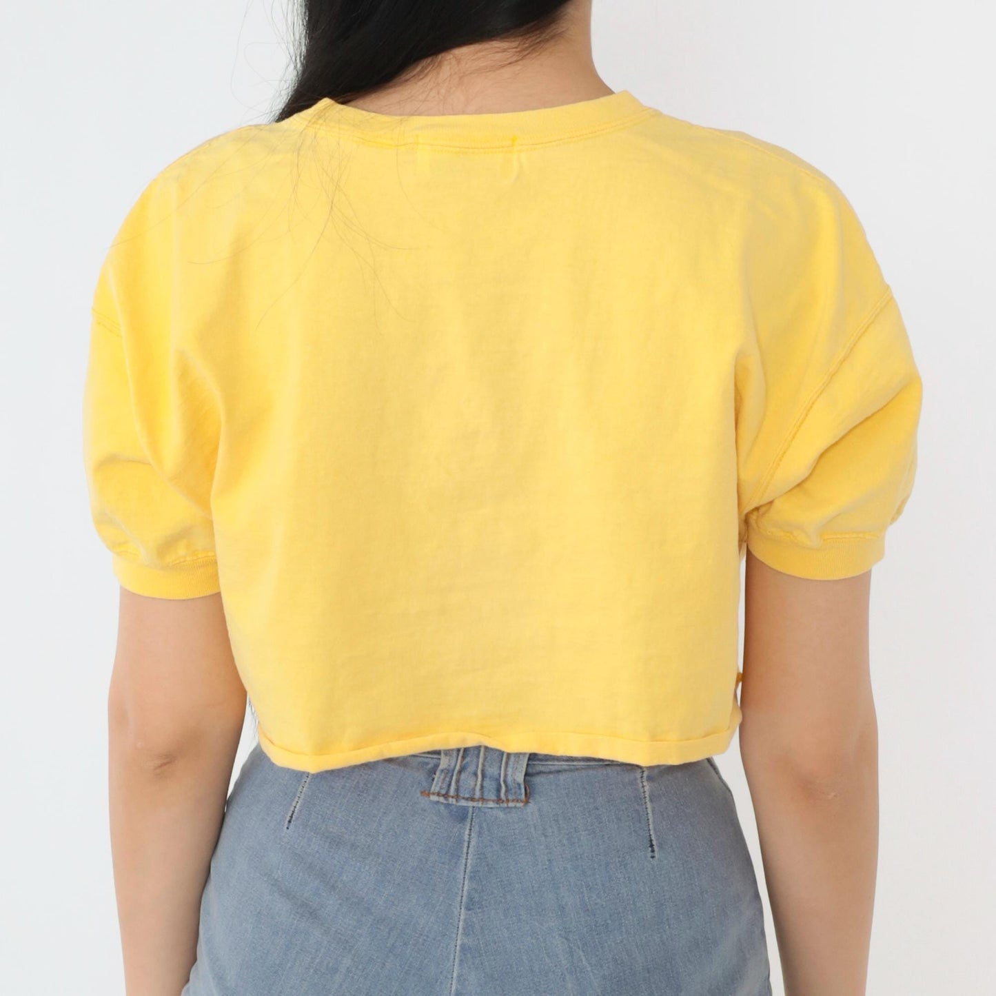 90s Yellow Crop Top Embroidered Pocket T-Shirt Small Medium