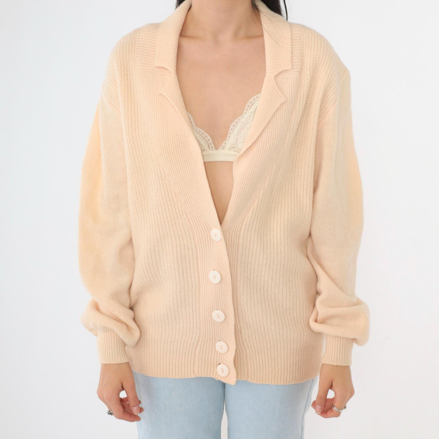 80s Peach Wool Angora Cardigan Deep V Neck Ribbed Button Up Medium