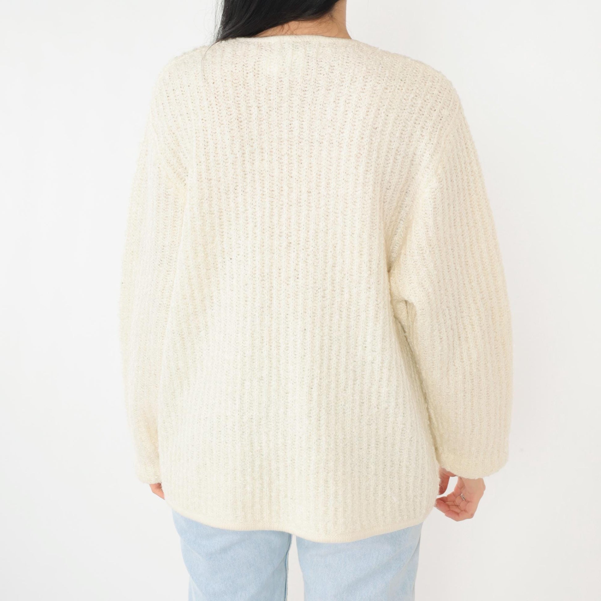80s Sideffects Ivory Cardigan Ribbed Knit Open Front Pockets Large L