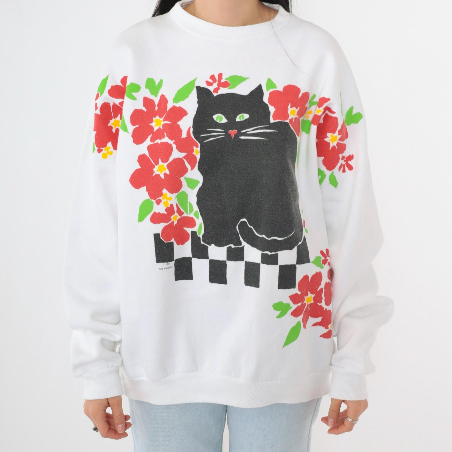 90s Cat Sweatshirt Black Graphic Crewneck White Red Hearts Large L