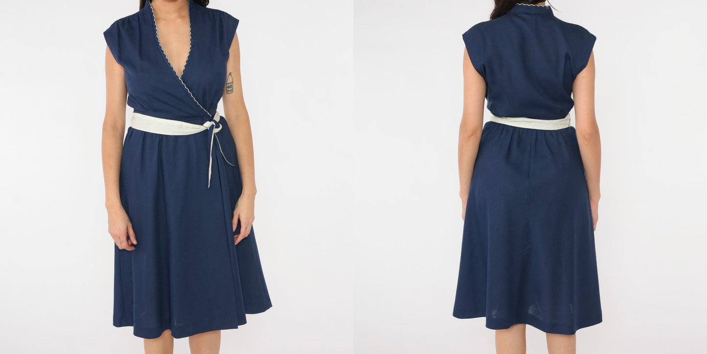 70s Jody of California Navy Wrap Dress Scalloped Neckline Midi Small