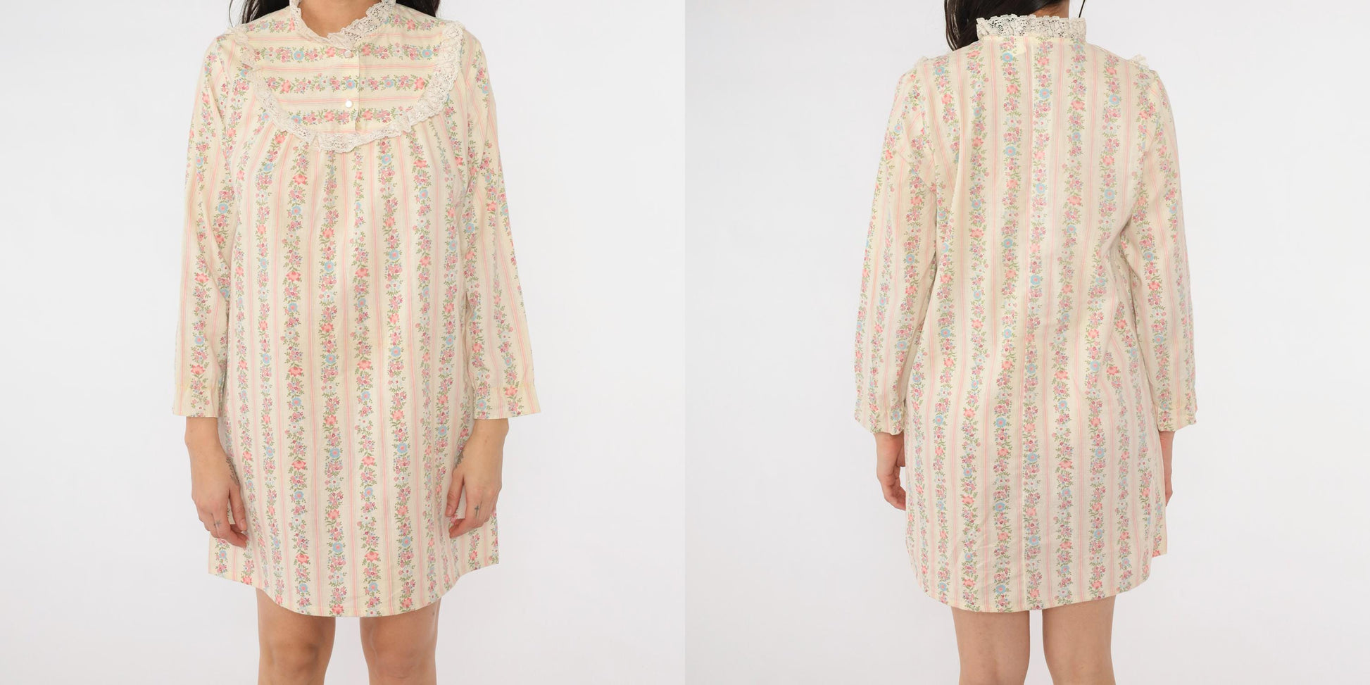 70s Floral Stripe Nightgown Cream Pink Long Sleeve High Neck Lace Trim Medium M