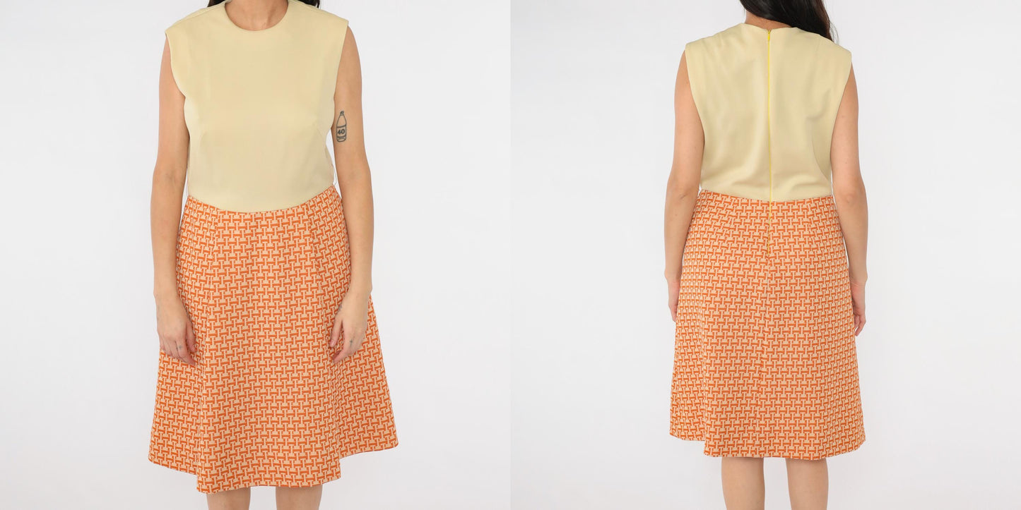 1960s Mod Geometric A-Line Dress Cream Orange Sleeveless High Waist Medium Large