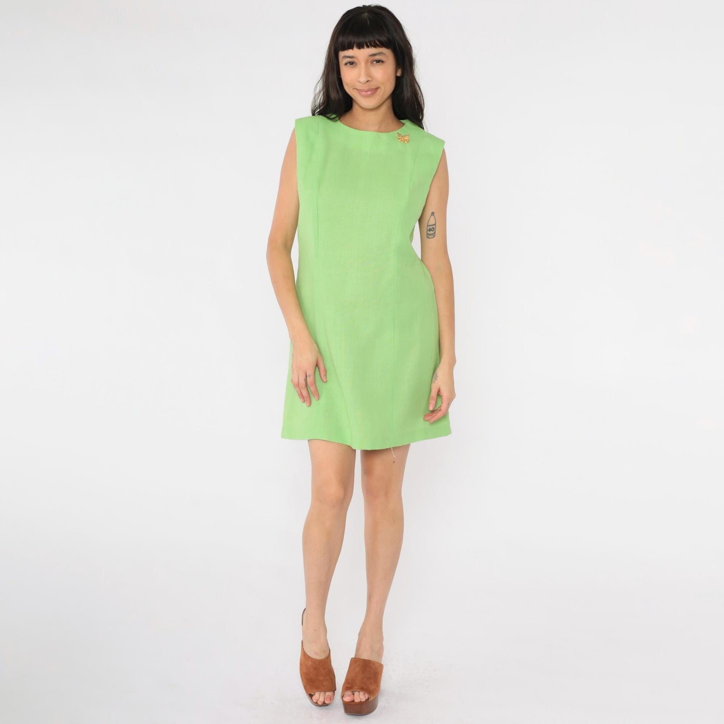 60s Lime Green Shift Dress Sleeveless Mini Princess Seam Medium M