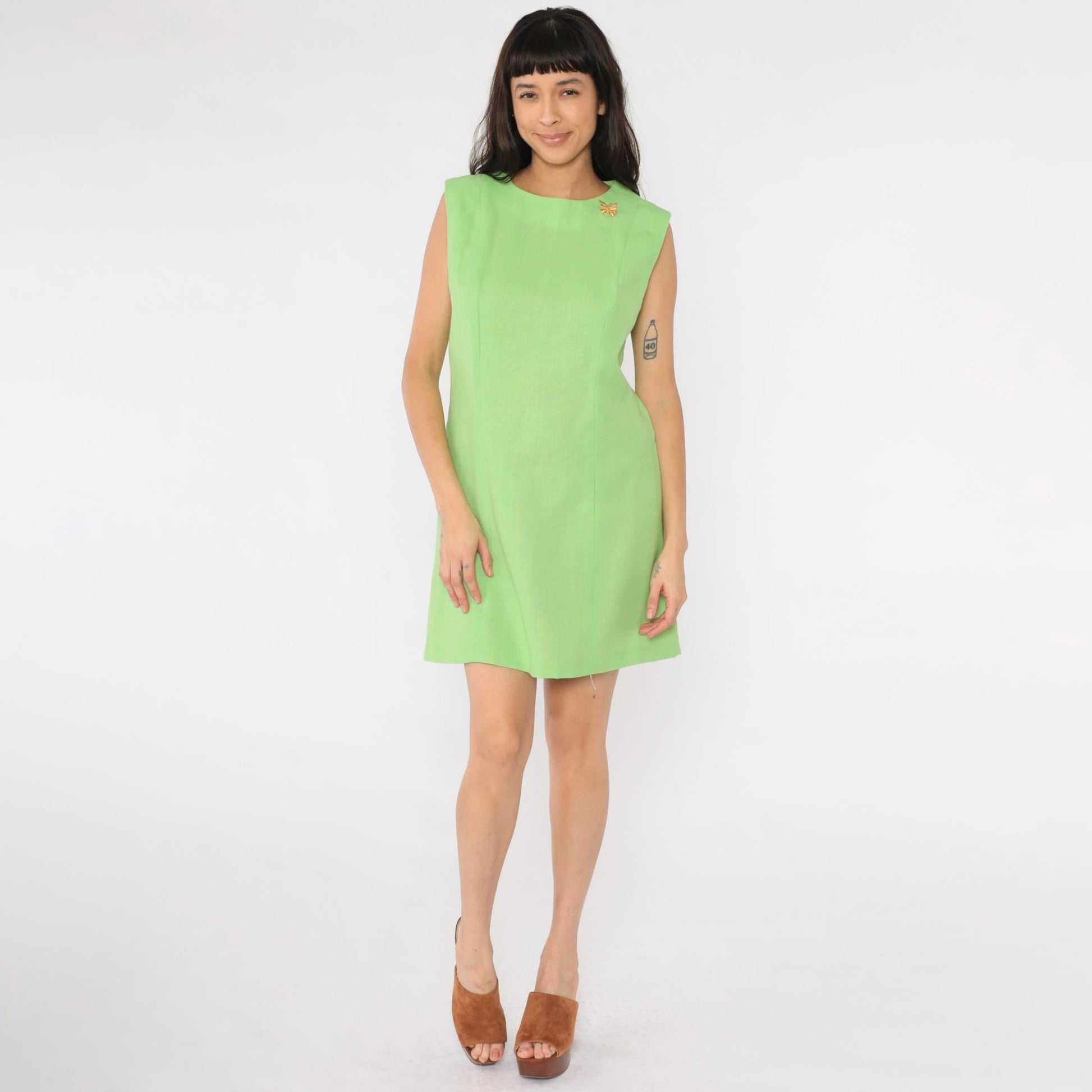 60s Lime Green Shift Dress Sleeveless Mini Princess Seam Medium M