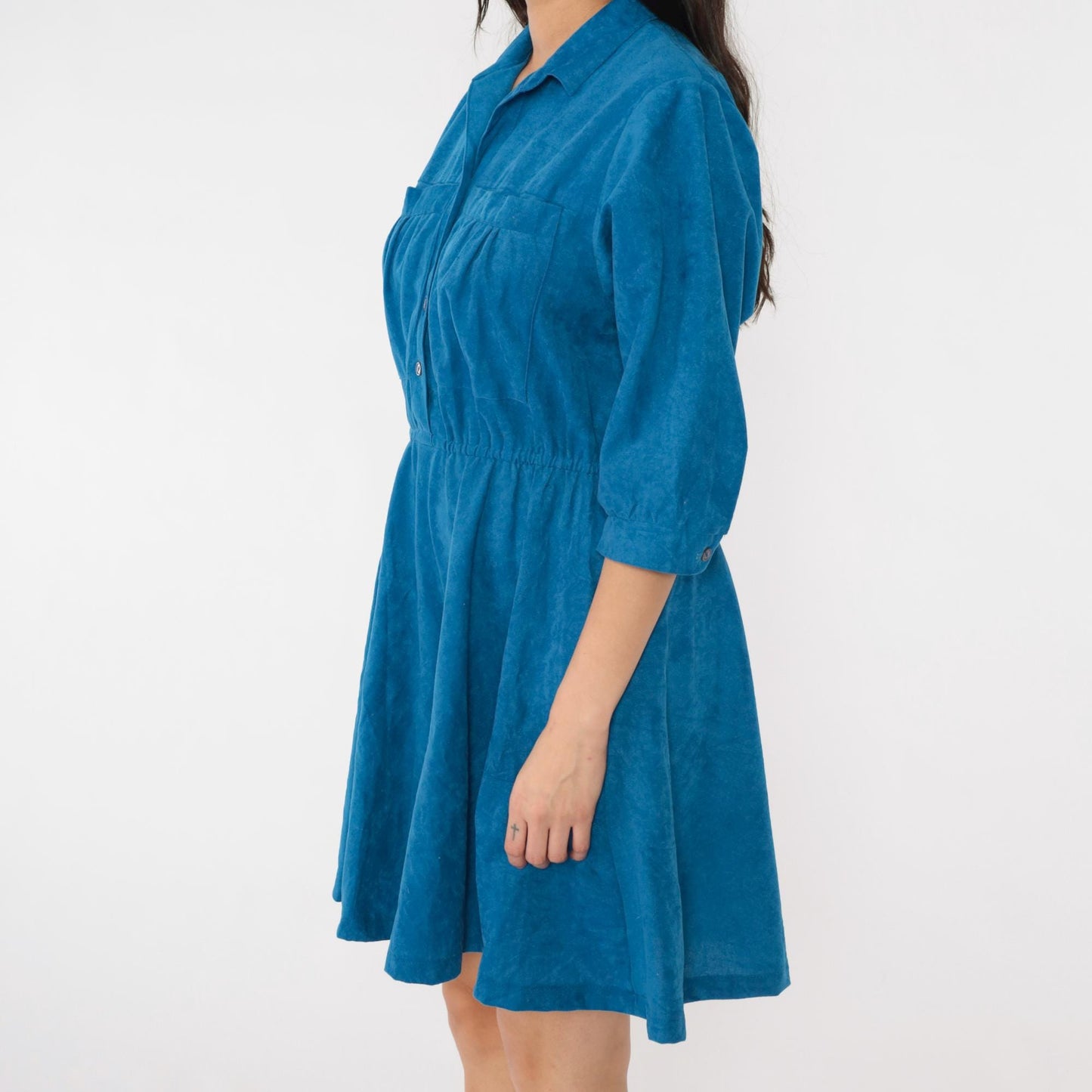 80s Blue Velour Mini Shirtdress High Waist Button Up A-Line Medium