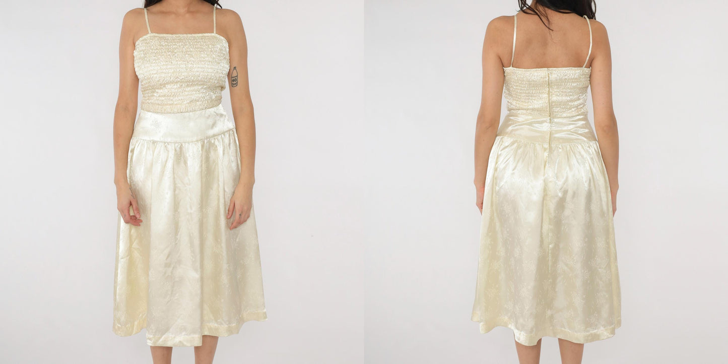 80s Ivory Satin Jacquard Midi Dress Ruched Bodice Spaghetti Strap Small