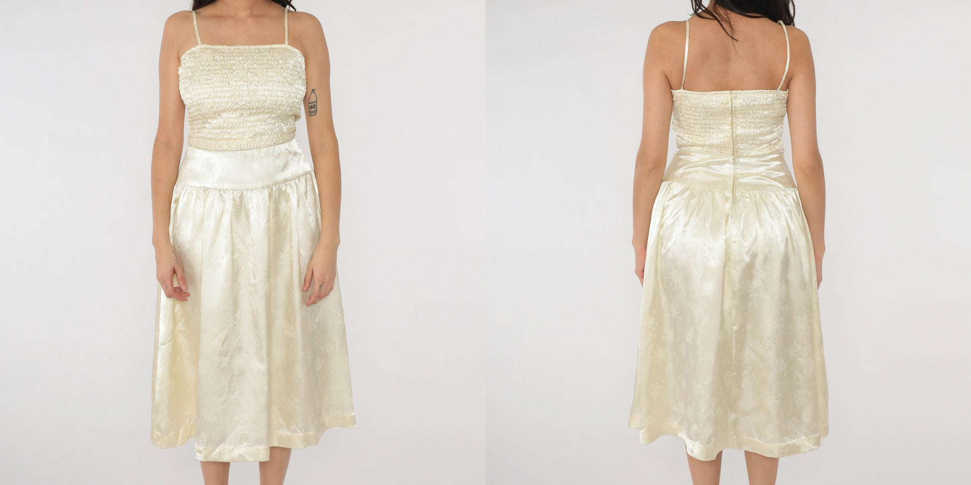 80s Ivory Satin Jacquard Midi Dress Ruched Bodice Spaghetti Strap Small