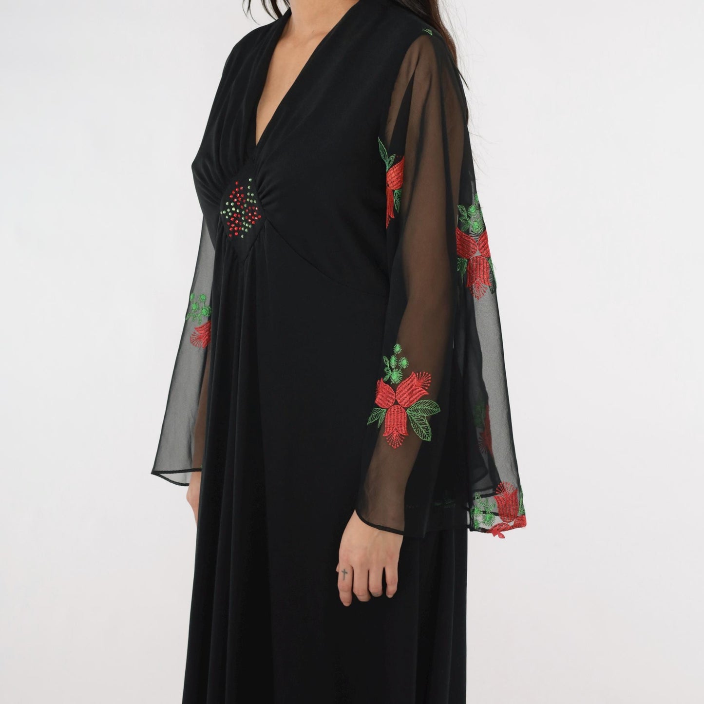 70s Black Maxi Dress Angel Sleeve Floral Embroidered Empire Waist Large