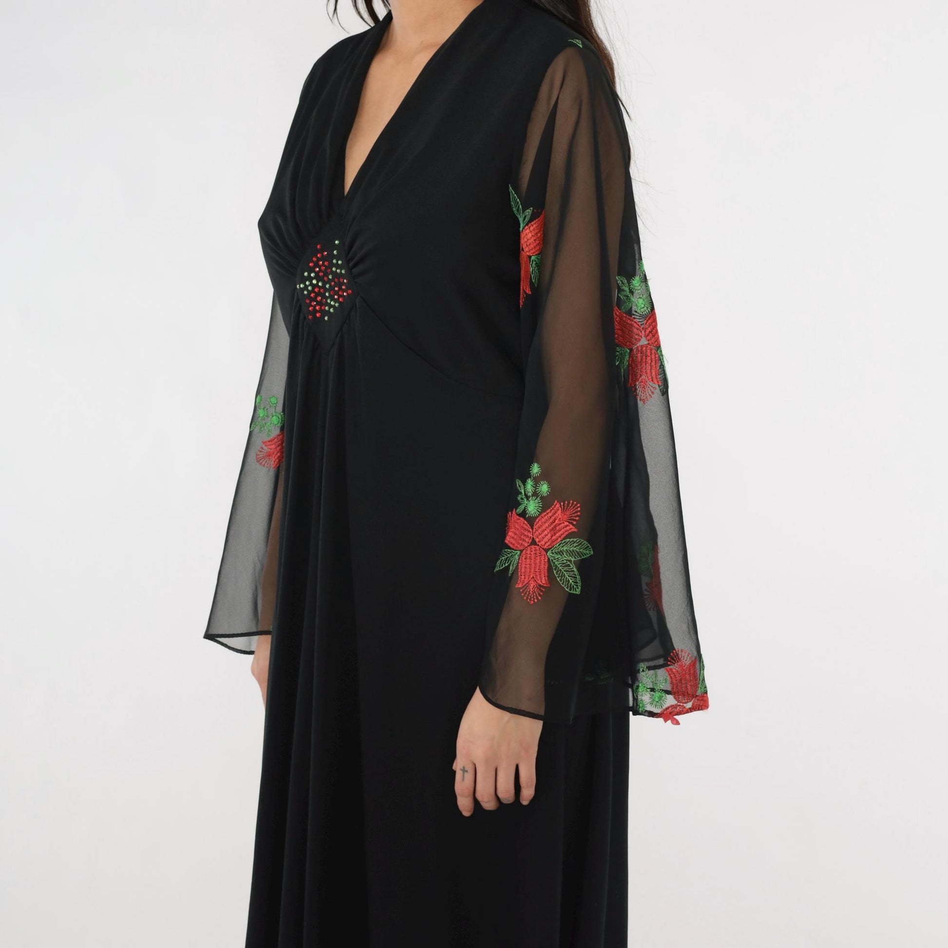 70s Black Maxi Dress Angel Sleeve Floral Embroidered Empire Waist Large