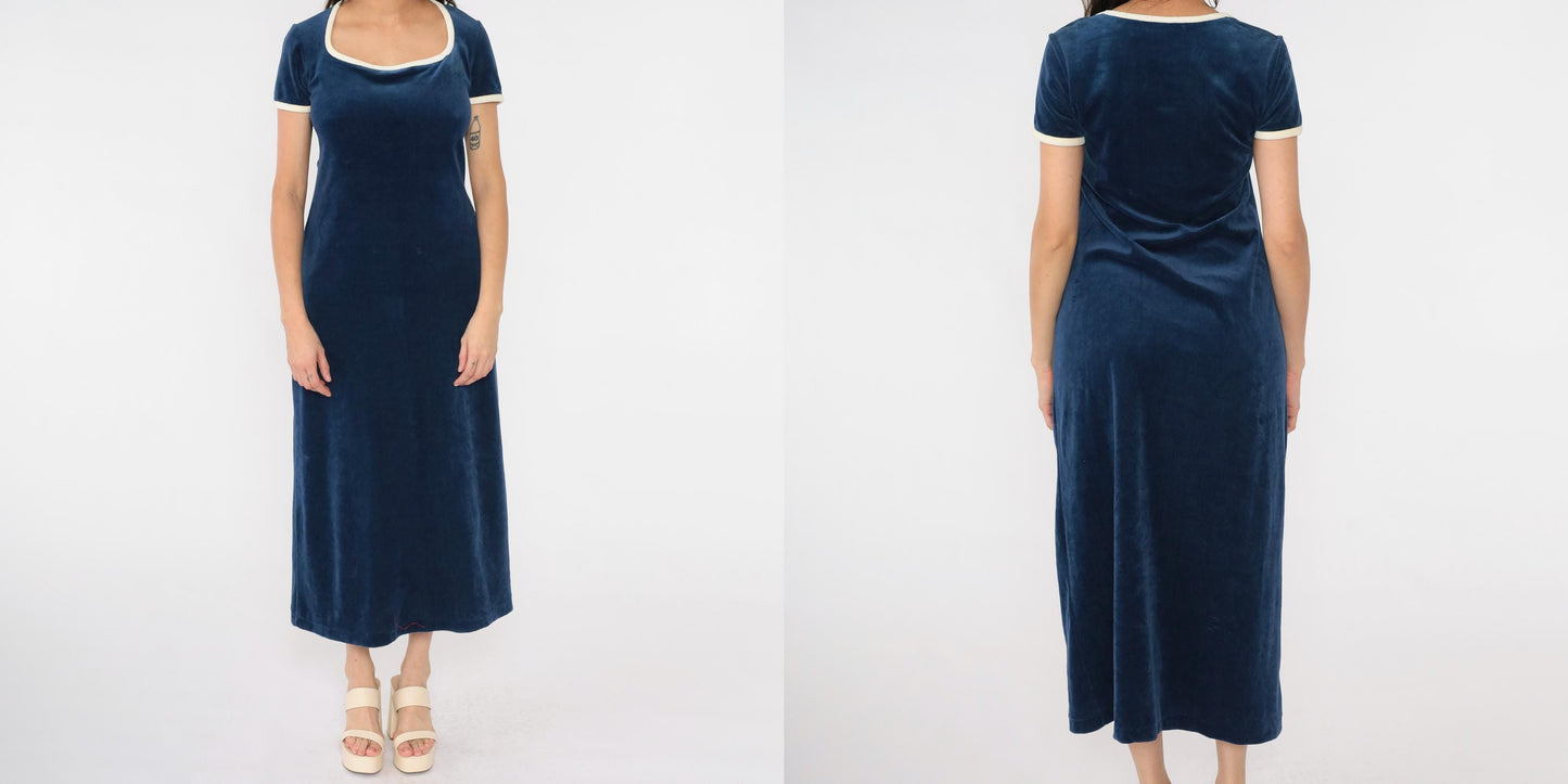 70s Navy Velour Maxi Lounge Dress Cream Trim Scoop Neck Medium M