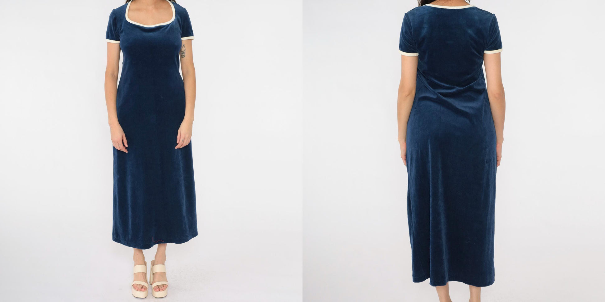 70s Navy Velour Maxi Lounge Dress Cream Trim Scoop Neck Medium M