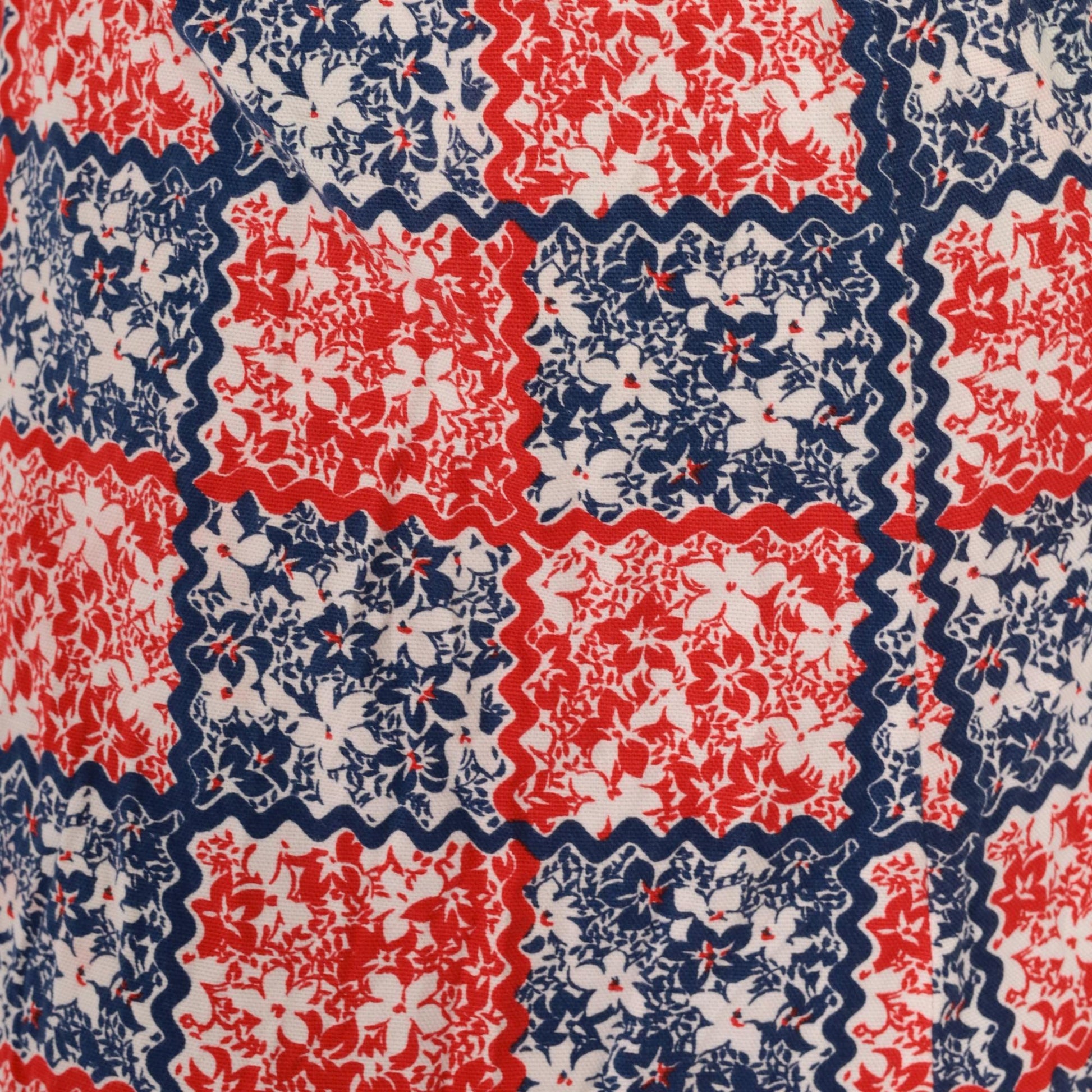 70s Patchwork Floral Maxi Halter Dress Red White Blue Empire Waist Small