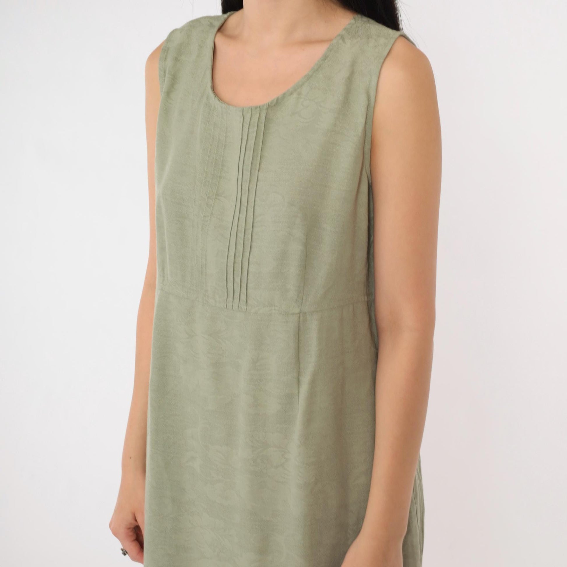 90s Karin Stevens Floral Jacquard Mini Dress Olive Green Sleeveless Small