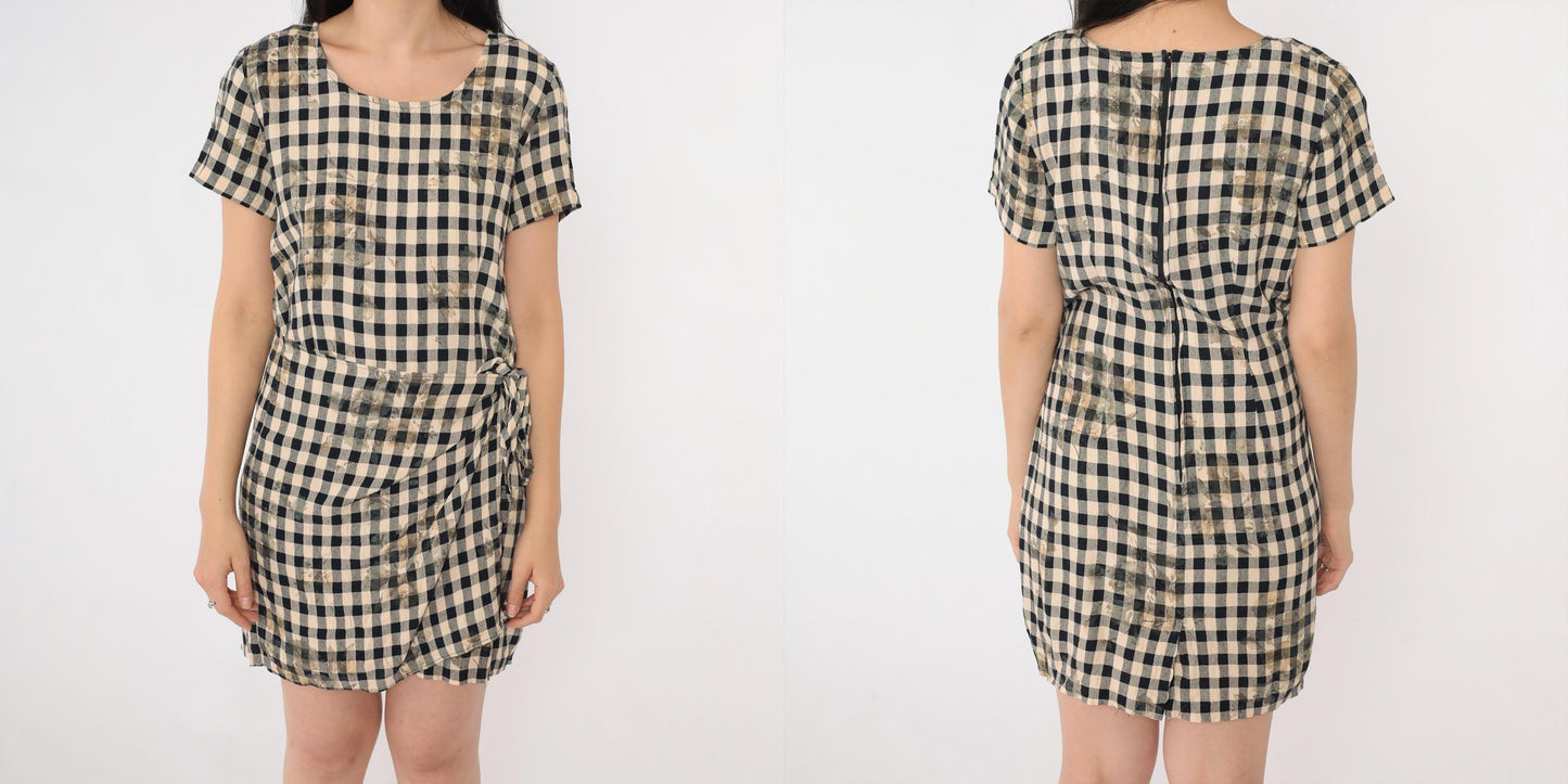 90s Black Beige Checkered Floral Mini Dress Wrap Panel Short Sleeve Small S