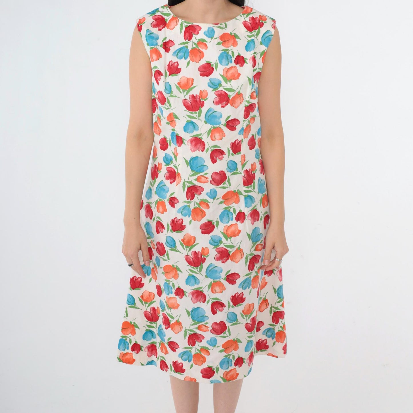 80s White Floral A-Line Dress Sleeveless Knee-Length Shift Small Medium