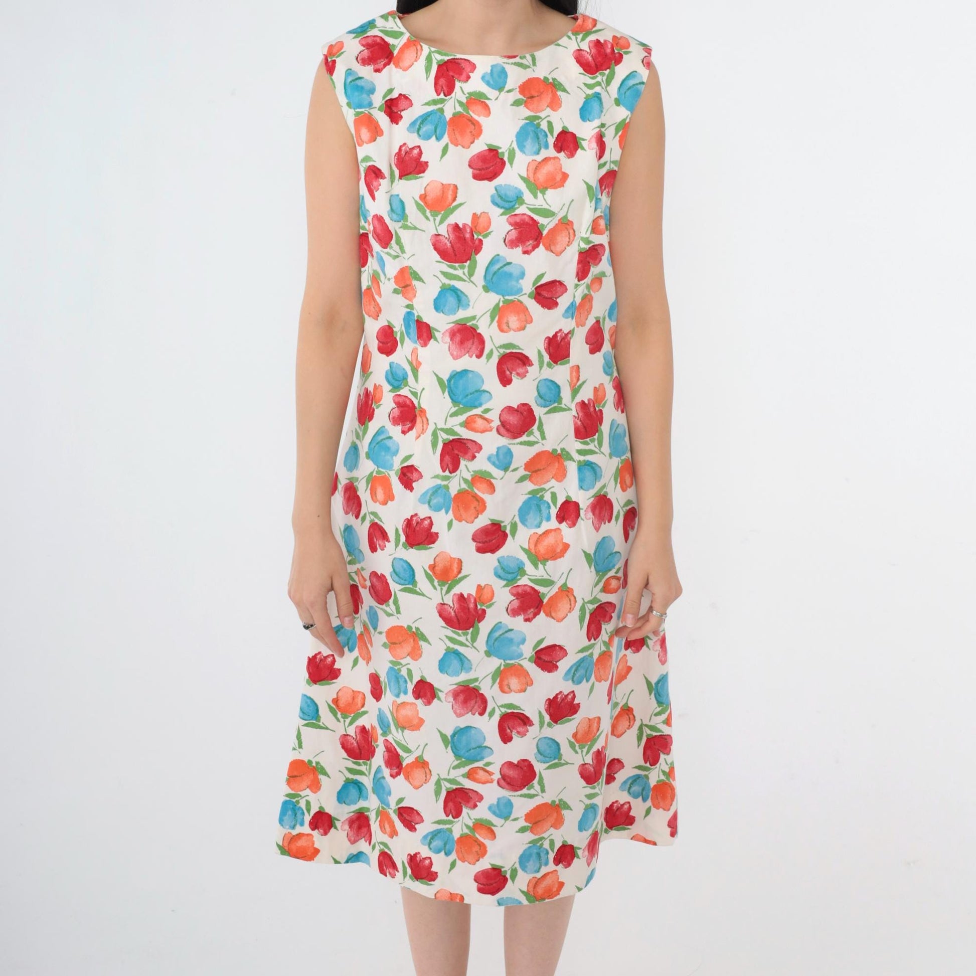 80s White Floral A-Line Dress Sleeveless Knee-Length Shift Small Medium
