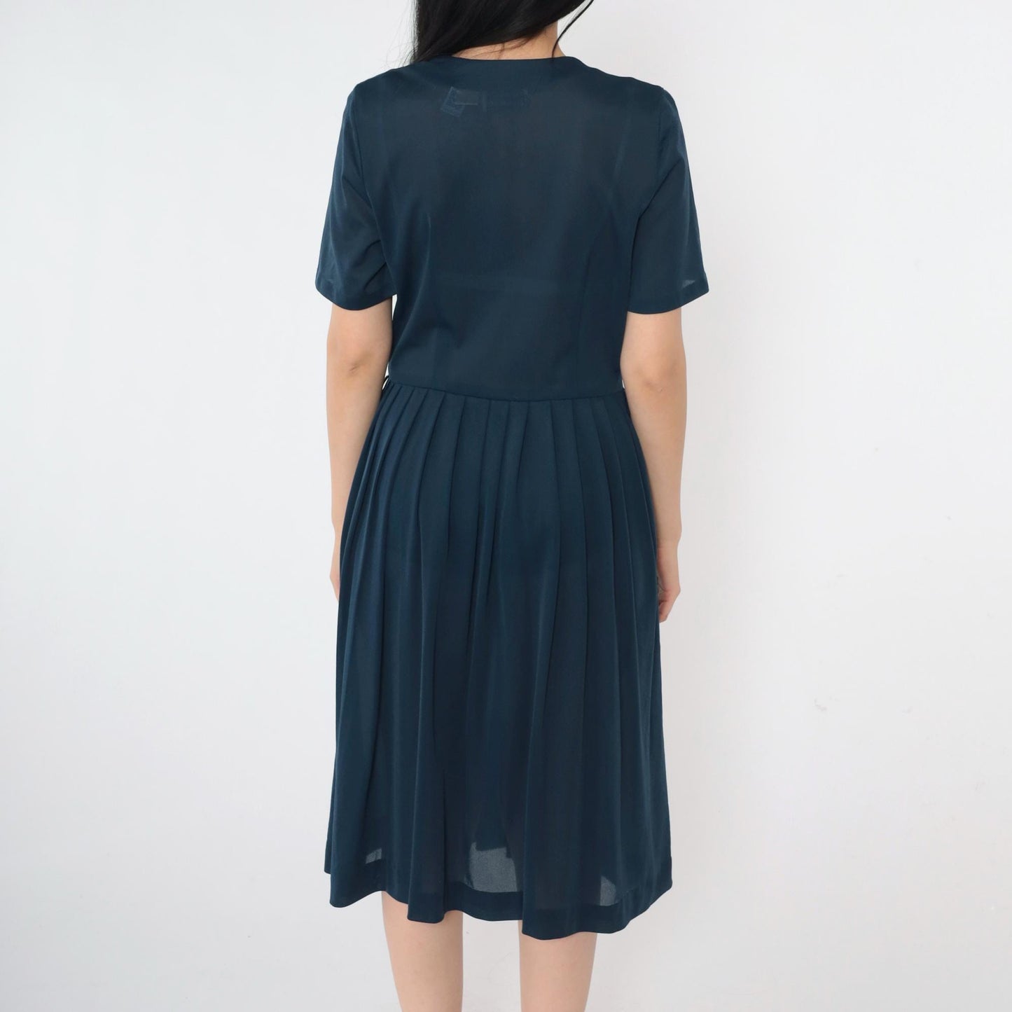 60s Navy Shirtdress Pleated Midi Button-Up High Waist Small