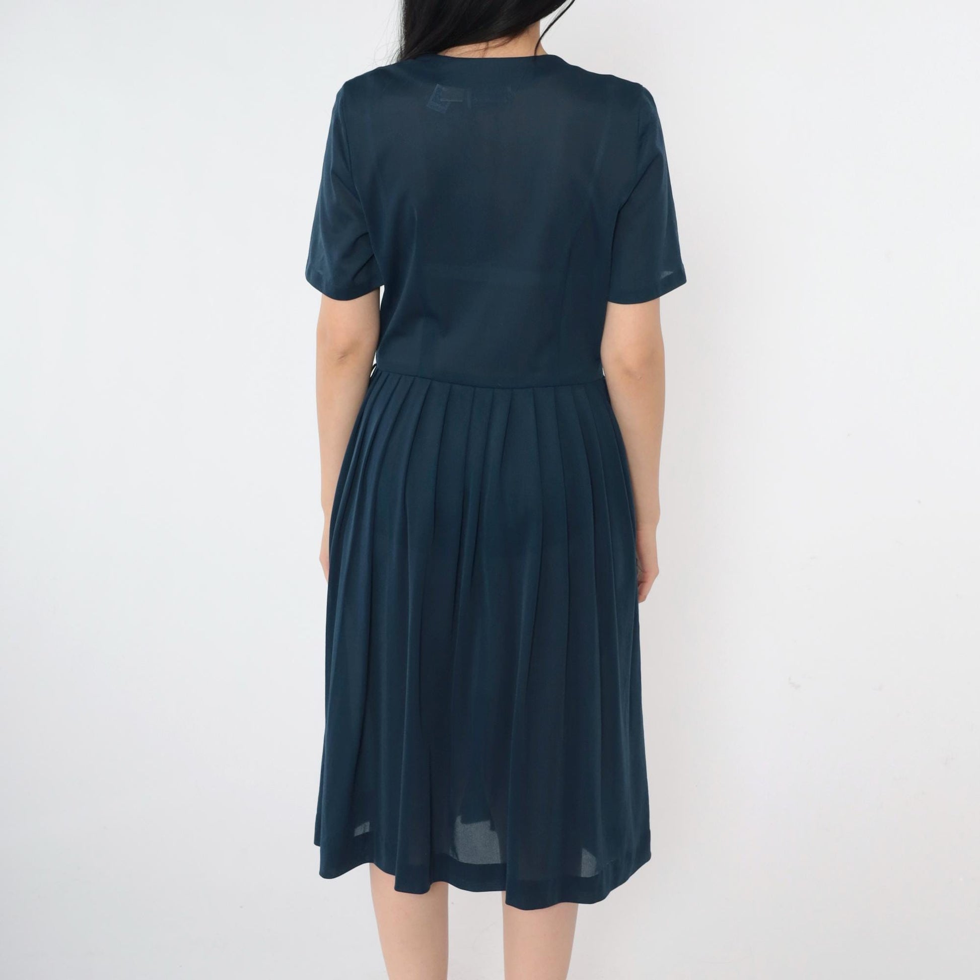 60s Navy Shirtdress Pleated Midi Button-Up High Waist Small