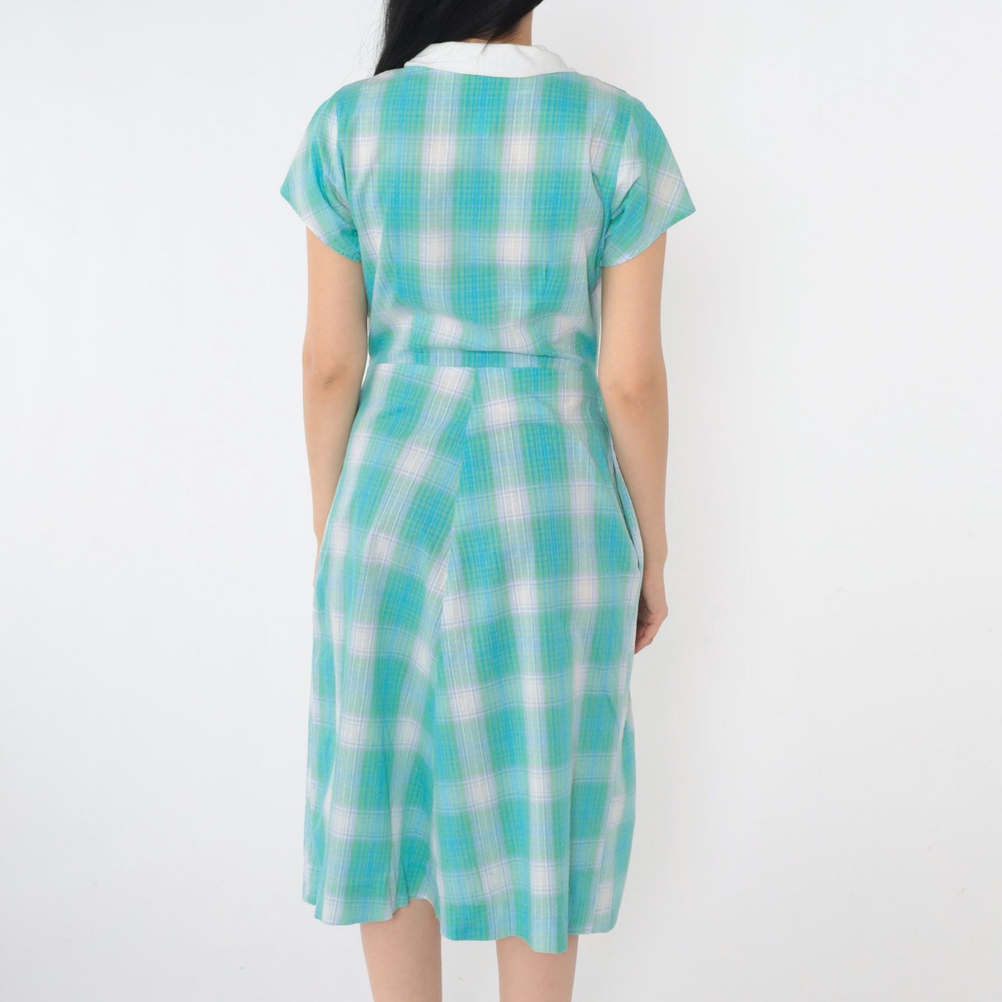60s Plaid Button-Up Shirtdress High Waist Midi Blue Green Small S