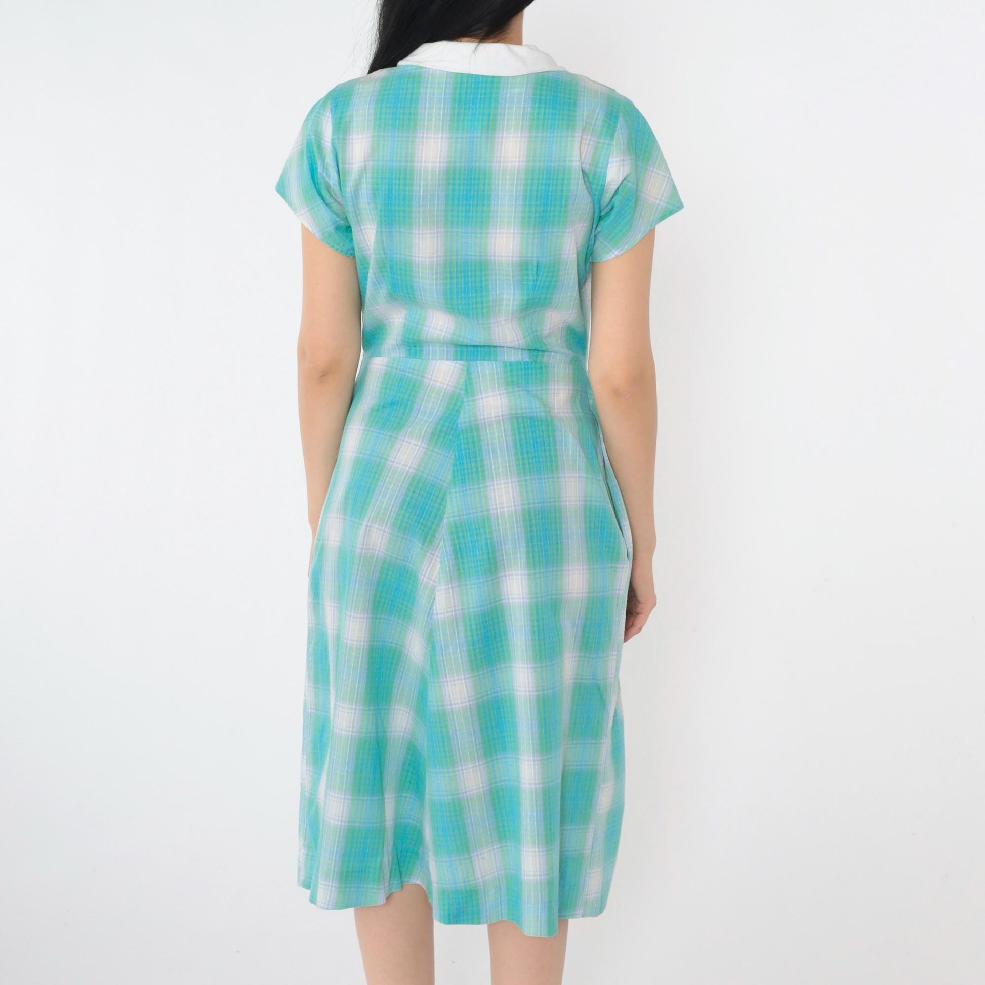 60s Plaid Button-Up Shirtdress High Waist Midi Blue Green Small S