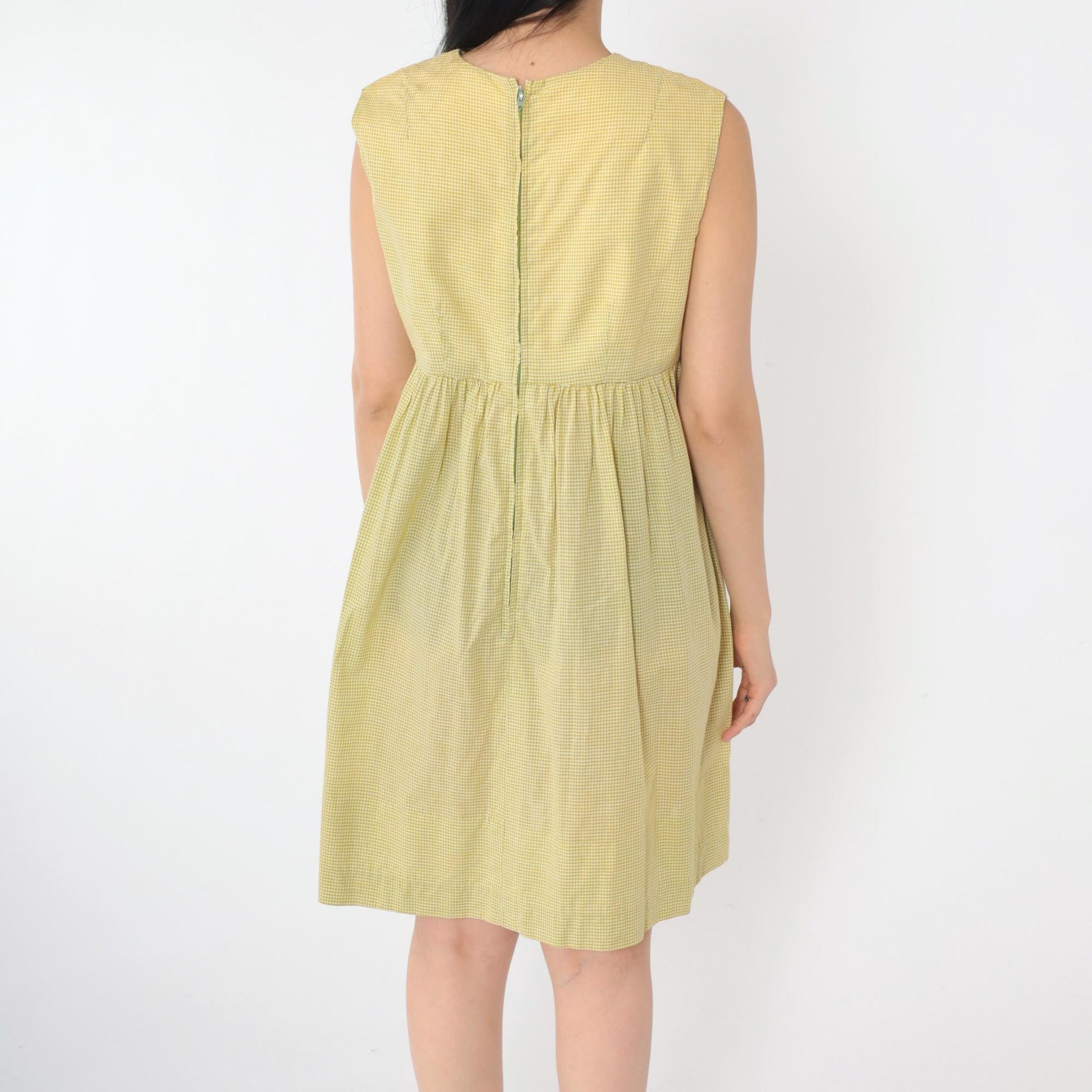1960s Yellow Gingham Empire Waist Mini Dress Sleeveless Small Medium